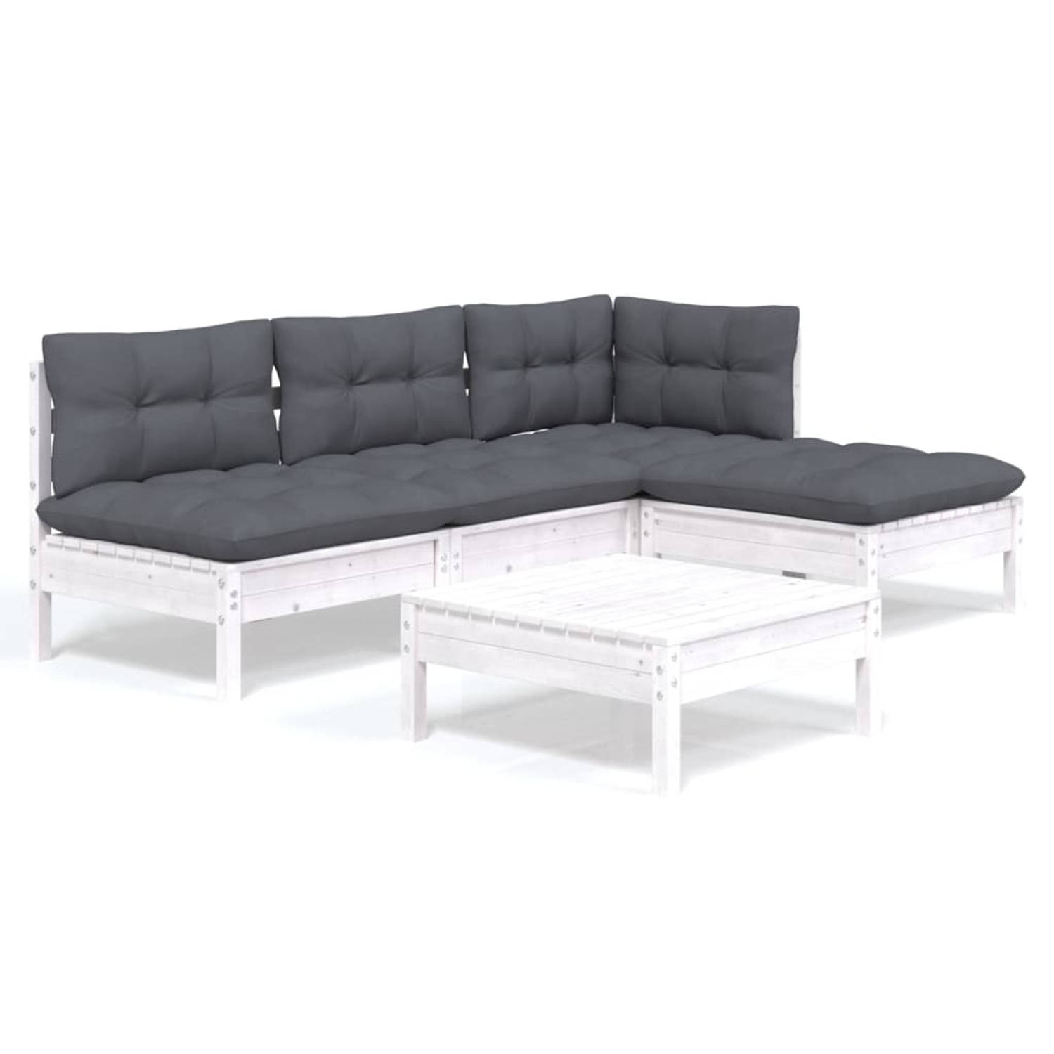 The Living Store loungeset Grenenhout - Wit - 63.5 x 63.5 x 62.5 cm - Antraciet kussen