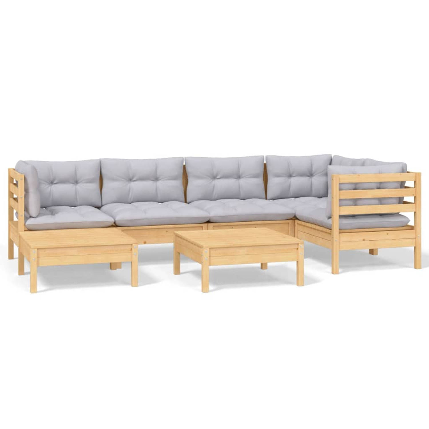 The Living Store Loungeset Hout - Hoekbank 63.5x63.5x62.5cm - Middenbank 63.5x63.5x62.5cm - Voetenbank/Tafel 63.5x63.5x28.5cm - Kussen Grijs