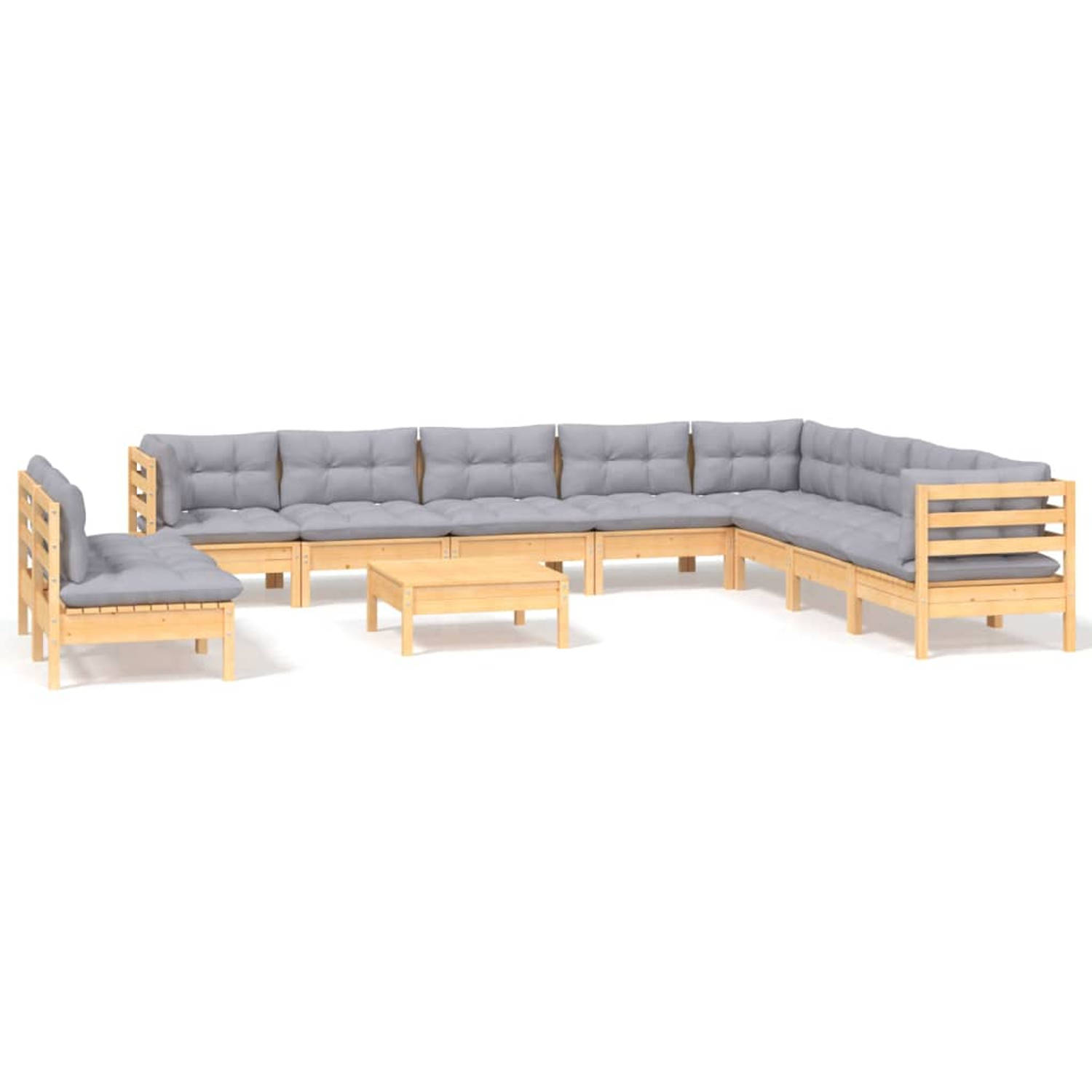 The Living Store Loungeset Massief Grenenhout - Hoekbank - Middenbank en Voetenbank/Tafel - Grijs Kussen - Afmetingen- 63.5 x 63.5 x 62.5 cm