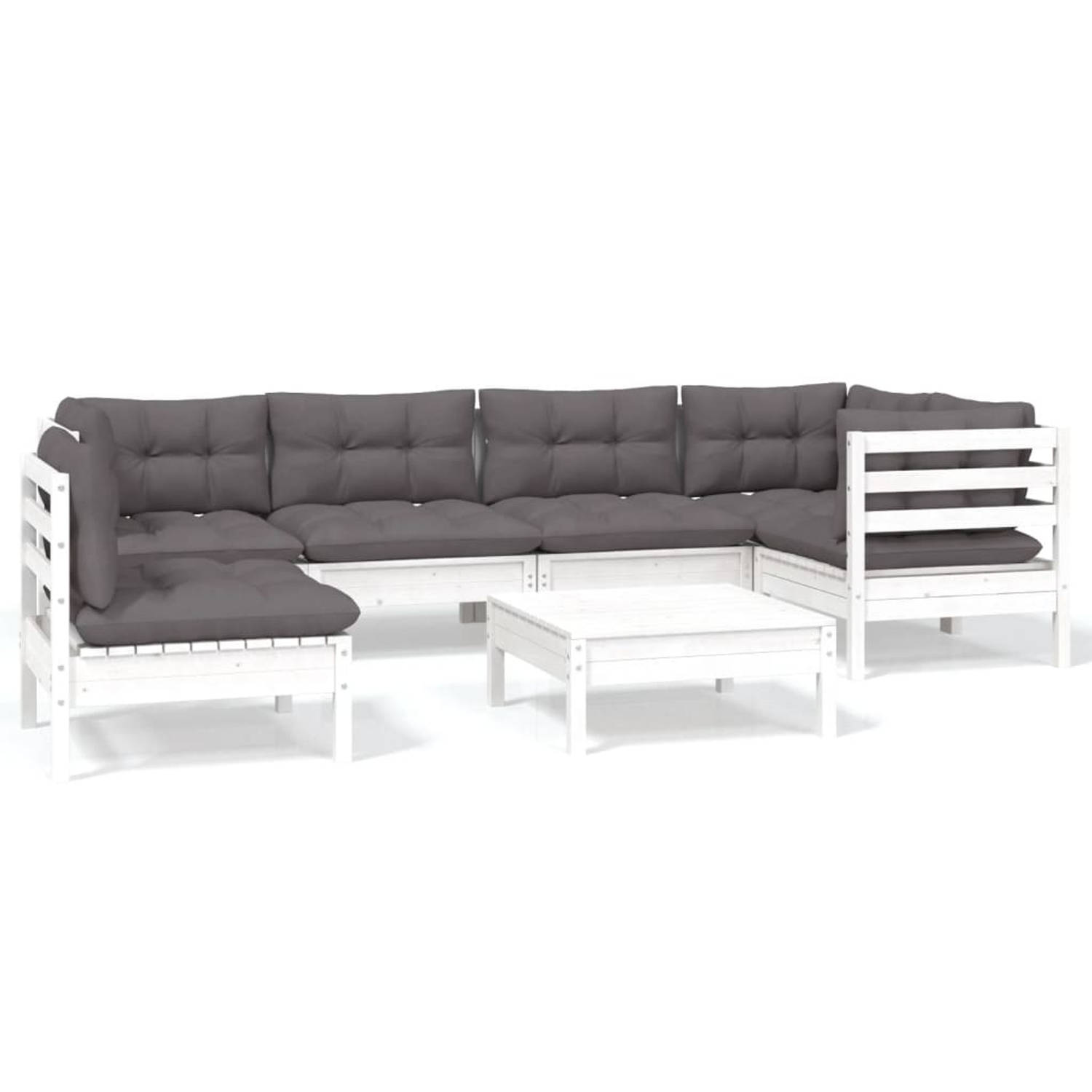 The Living Store Loungeset - Grenenhouten - Hoek/middenbank- 63.5 x 63.5 x 62.5 cm - Voetenbank/tafel- 63.5 x 63.5 x 28.5 cm - Kleur- wit - Kussens- antraciet - Montage vereist