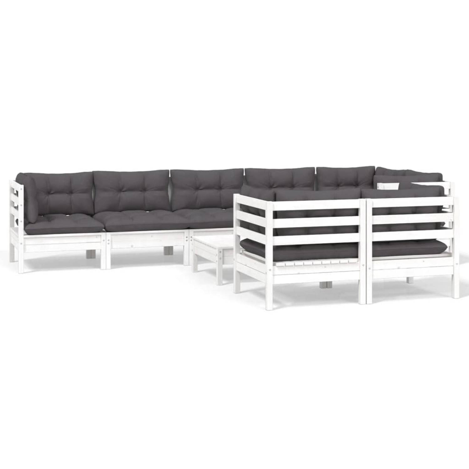 The Living Store Loungeset - Grenenhout - Wit - 9-zits - 63.5 x 63.5 x 62.5 cm - Antraciete Kussens