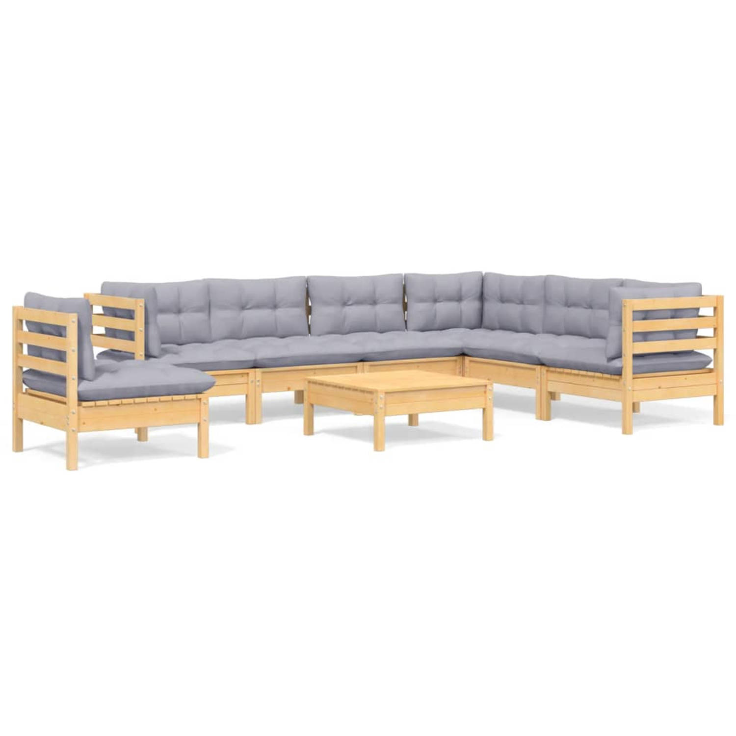 The Living Store Loungeset Grenenhout - Grijs - Hoekbank 63.5x63.5x62.5 - Middenbank 63.5x63.5x62.5 - Voetenbank/Tafel 63.5x63.5x28.5 - Zitkussen 60x60x5 - Rugkussen 60x32x5