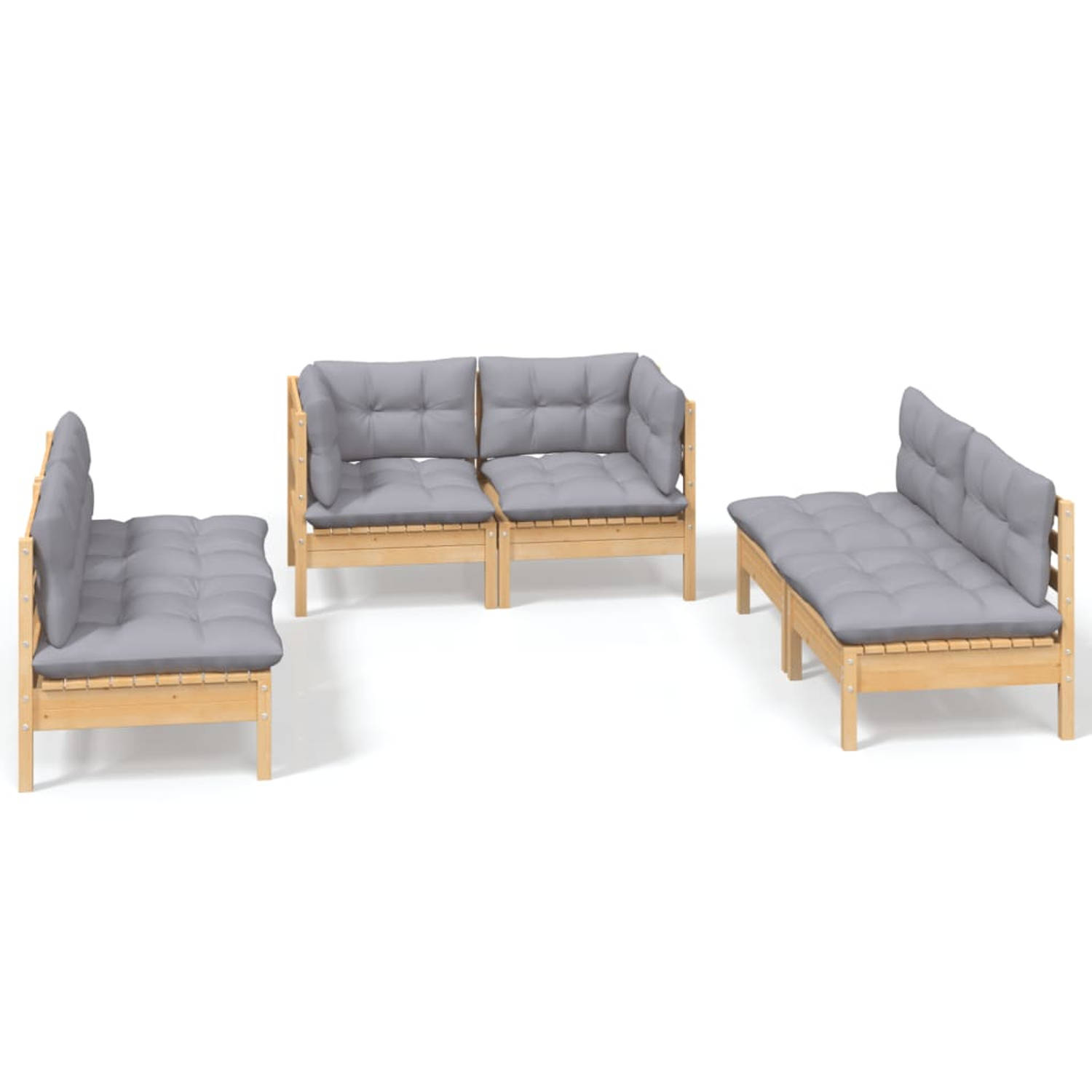 The Living Store Loungeset - Grenenhout - Grijs - Hoekbank - Middenbank - Afmetingen 63.5 x 63.5 x 62.5 cm - Inclusief kussens