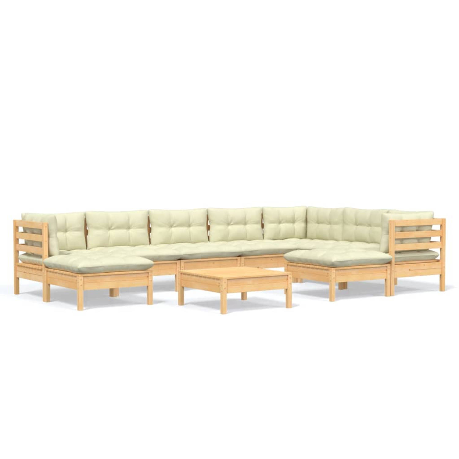 The Living Store Loungeset Grenenhout - Hoekbank + Middenbank + Voetenbank/Tafel - Crèmekleurig - 63.5 x 63.5 x 62.5 cm