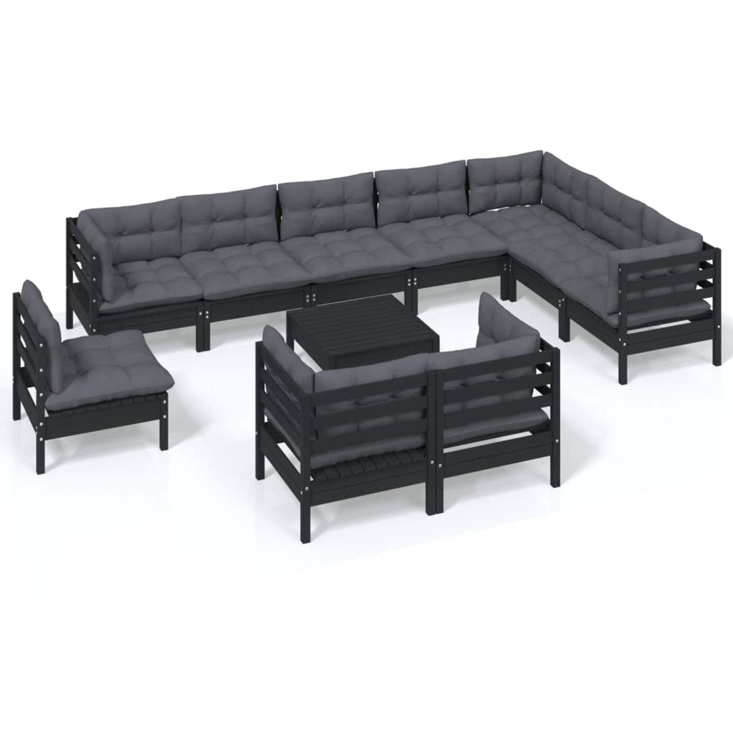 The Living Store Loungeset - Massief grenenhout - Zwart - Hoekbank (63.5x63.5x62.5cm) - Middenbank (63.5x63.5x62.5cm) - Voetenbank/Tafel (63.5x63.5x28.5cm) - Zitkussen (60x60x5cm)