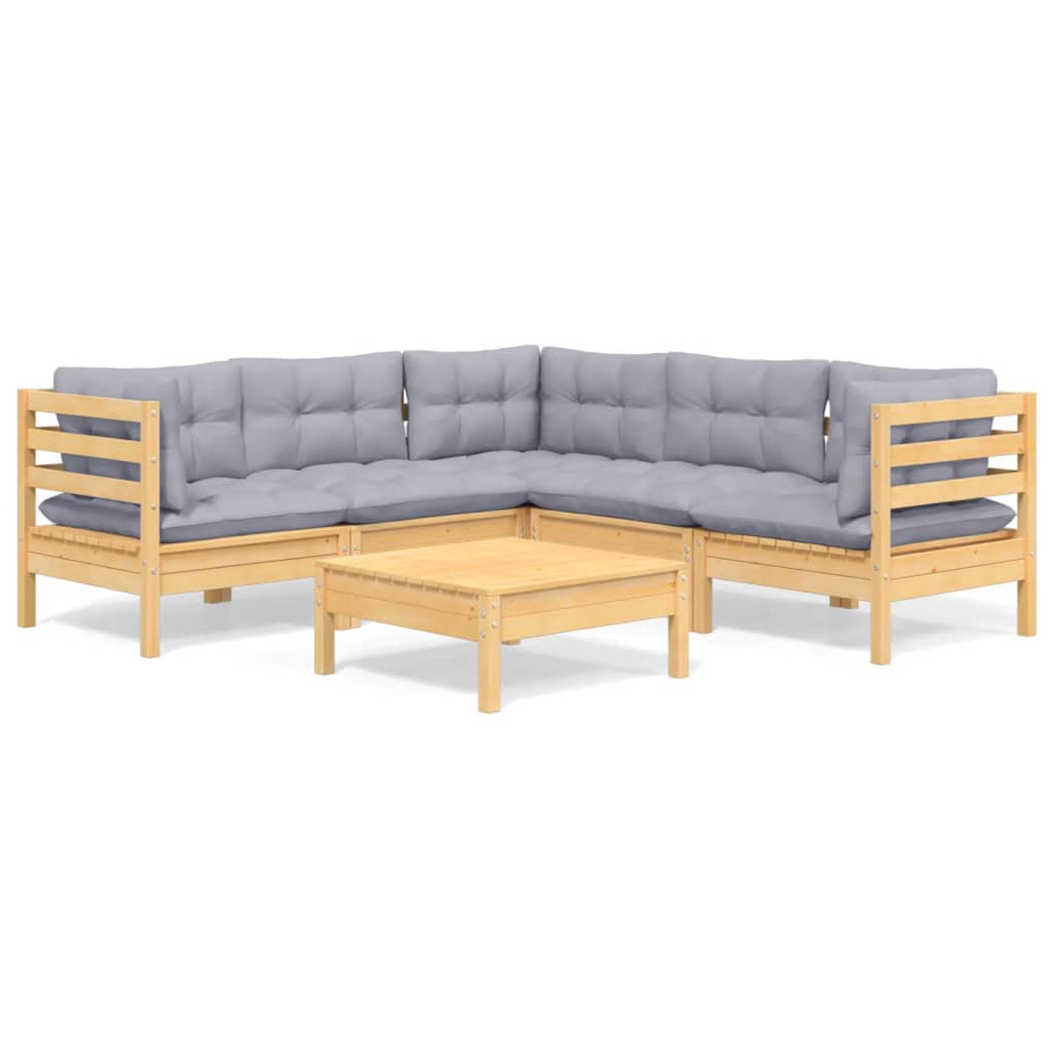 The Living Store Loungeset Hoekbank - Grenenhout - Grijs - 63.5x63.5x62.5 cm - Inclusief kussens