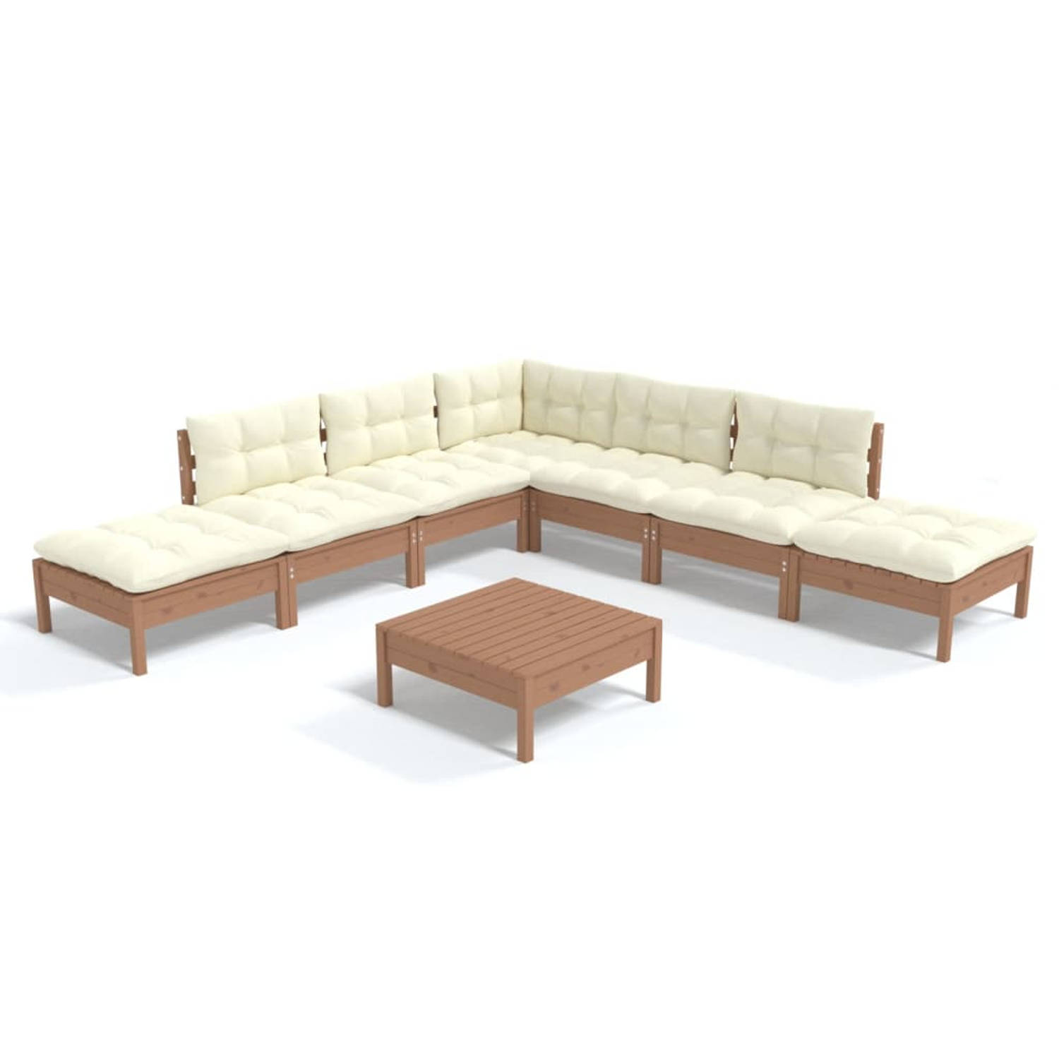 The Living Store Loungeset Grenenhout - Hoek/Middenbank 63.5x63.5x62.5cm - Voetenbank/Tafel 63.5x63.5x28.5cm - Kussen 60x60x5cm - Honingbruin