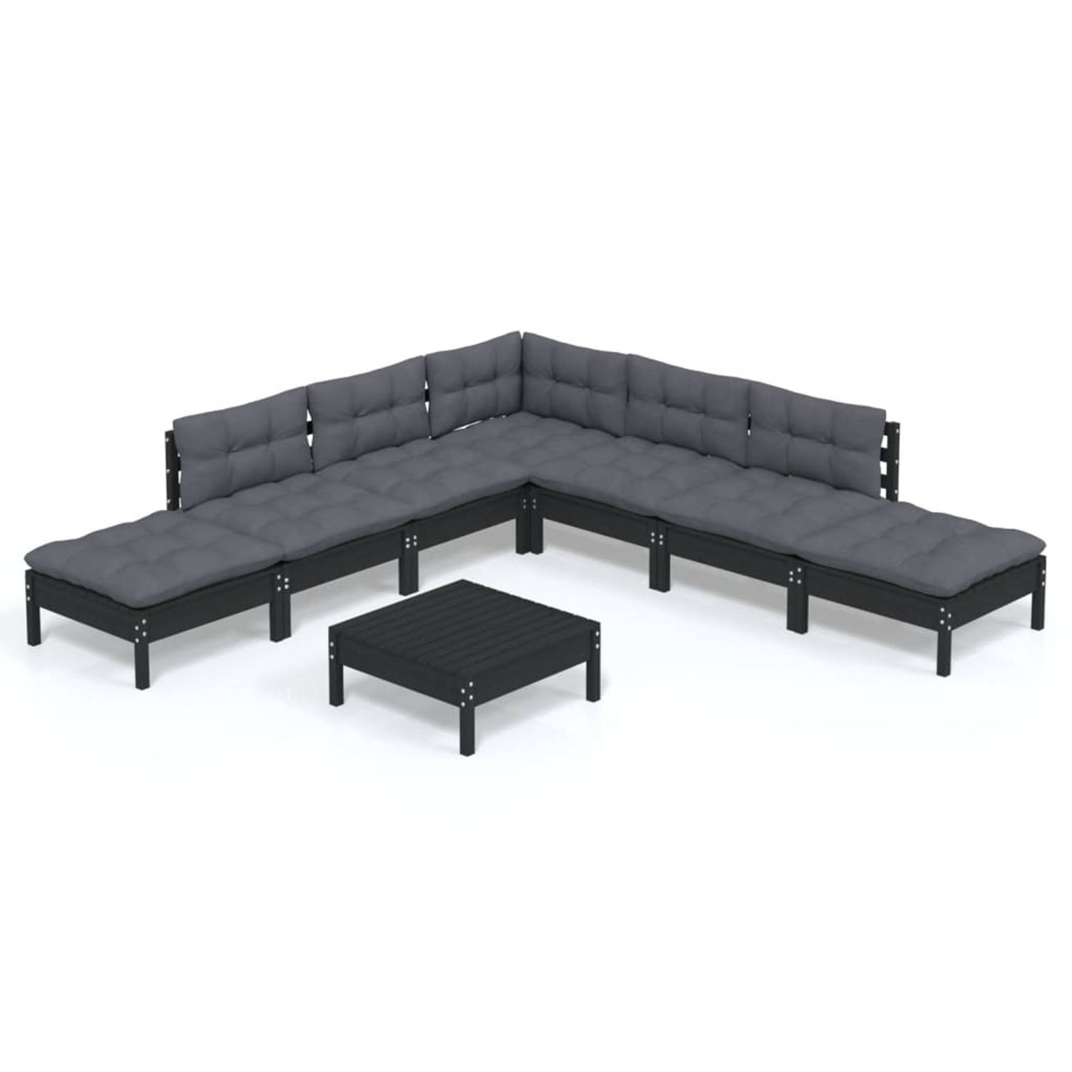 The Living Store Loungeset - Grenenhouten - Zwart - Hoek/middenbank- 63.5x63.5x62.5cm - Voetenbank/tafel- 63.5x63.5x28.5cm - Kussens inbegrepen