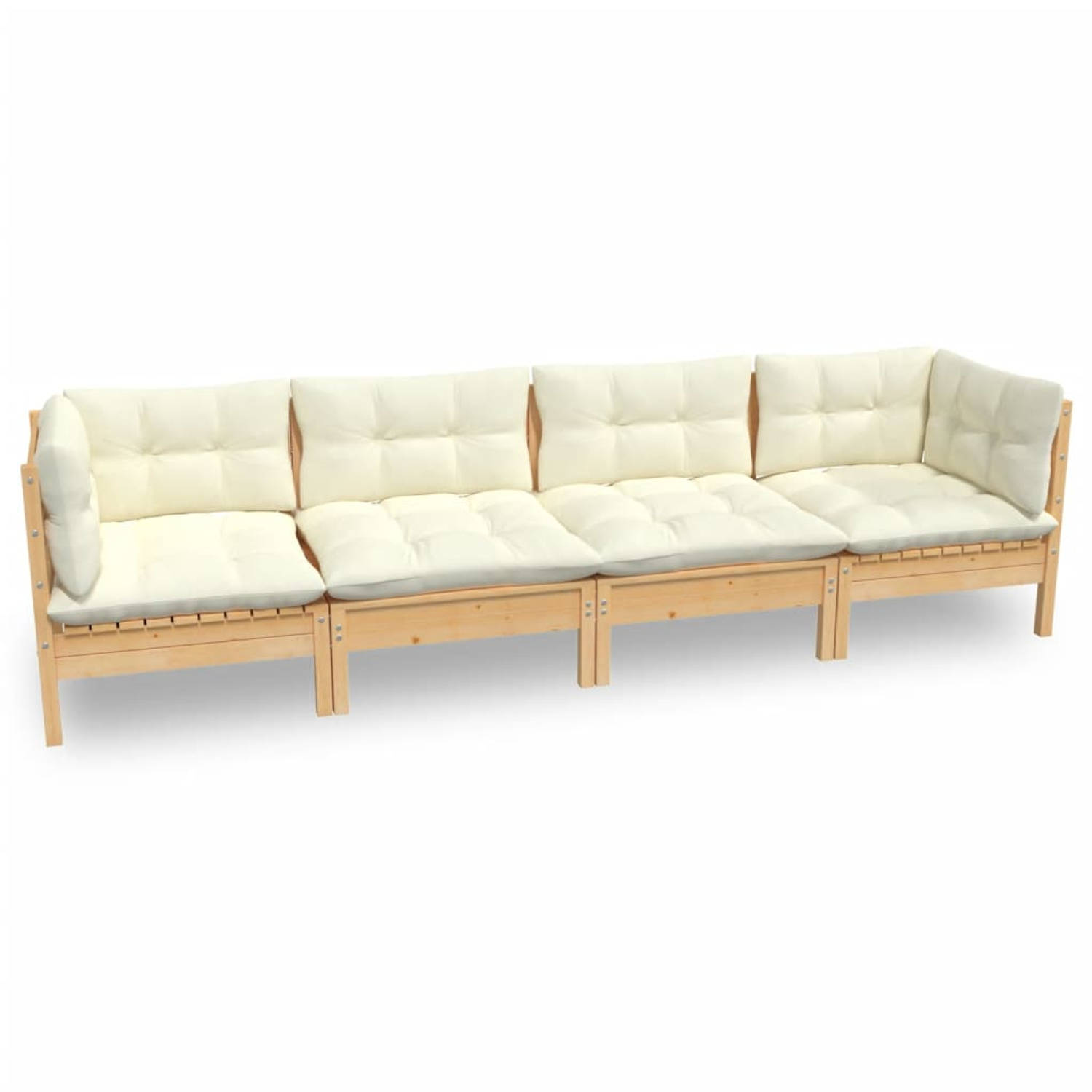 The Living Store Loungeset - Grenenhout - Hoekbank en middenbank - Crème kussens - 63.5 x 63.5 x 62.5 cm