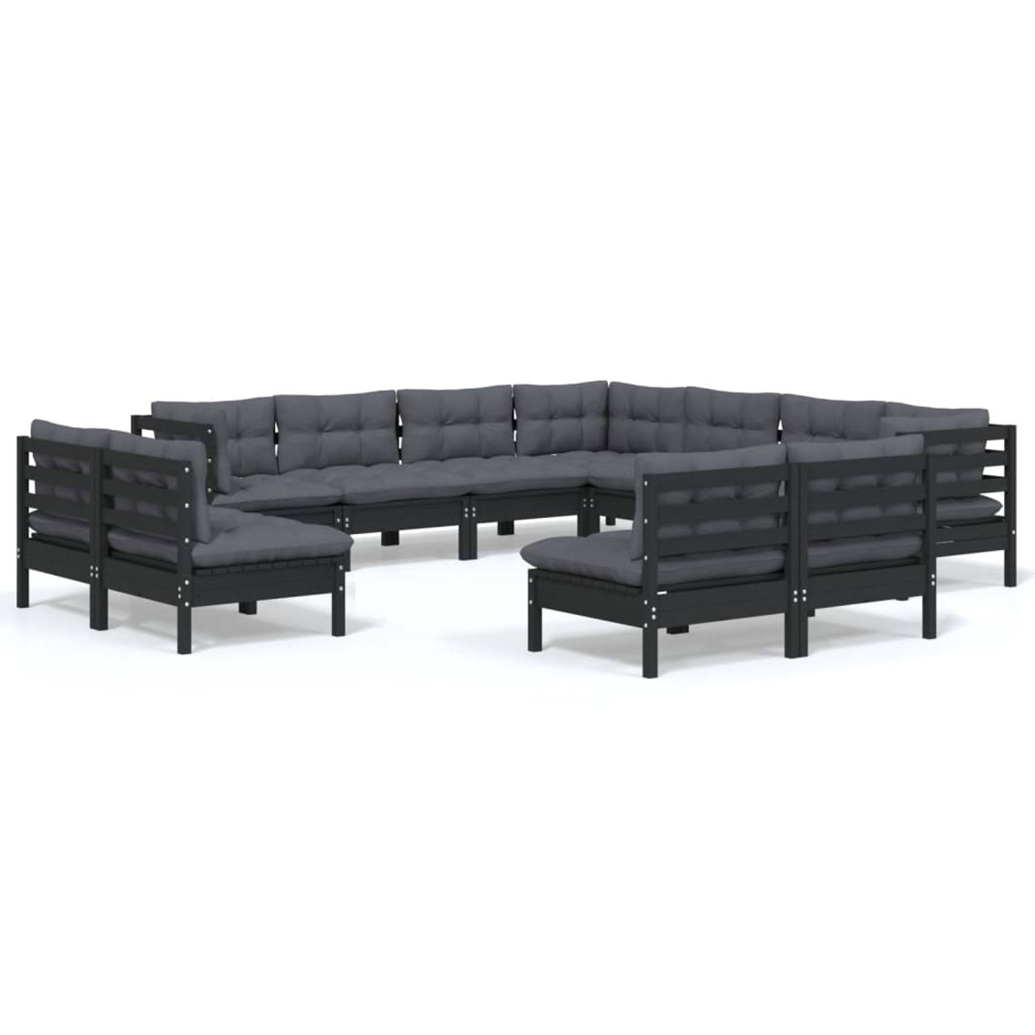 The Living Store Loungeset Grenenhout - Hoekbank + Middenbank - 63.5x63.5x62.5 cm - Zwart