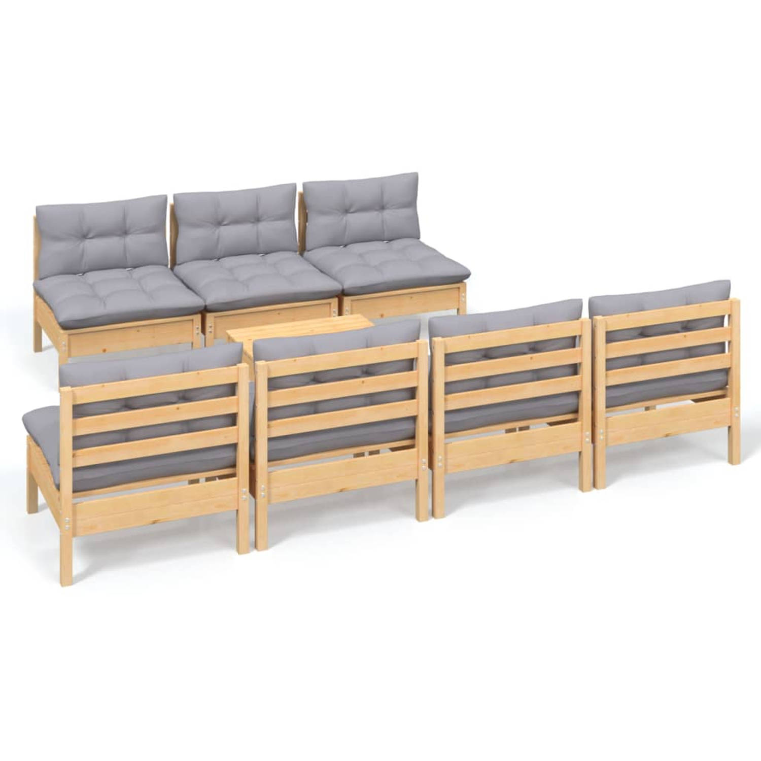 The Living Store Loungeset - Grenenhout - Grijs - Modulaire segmenten - 7x middenbank - 1x voetenbank/tafel