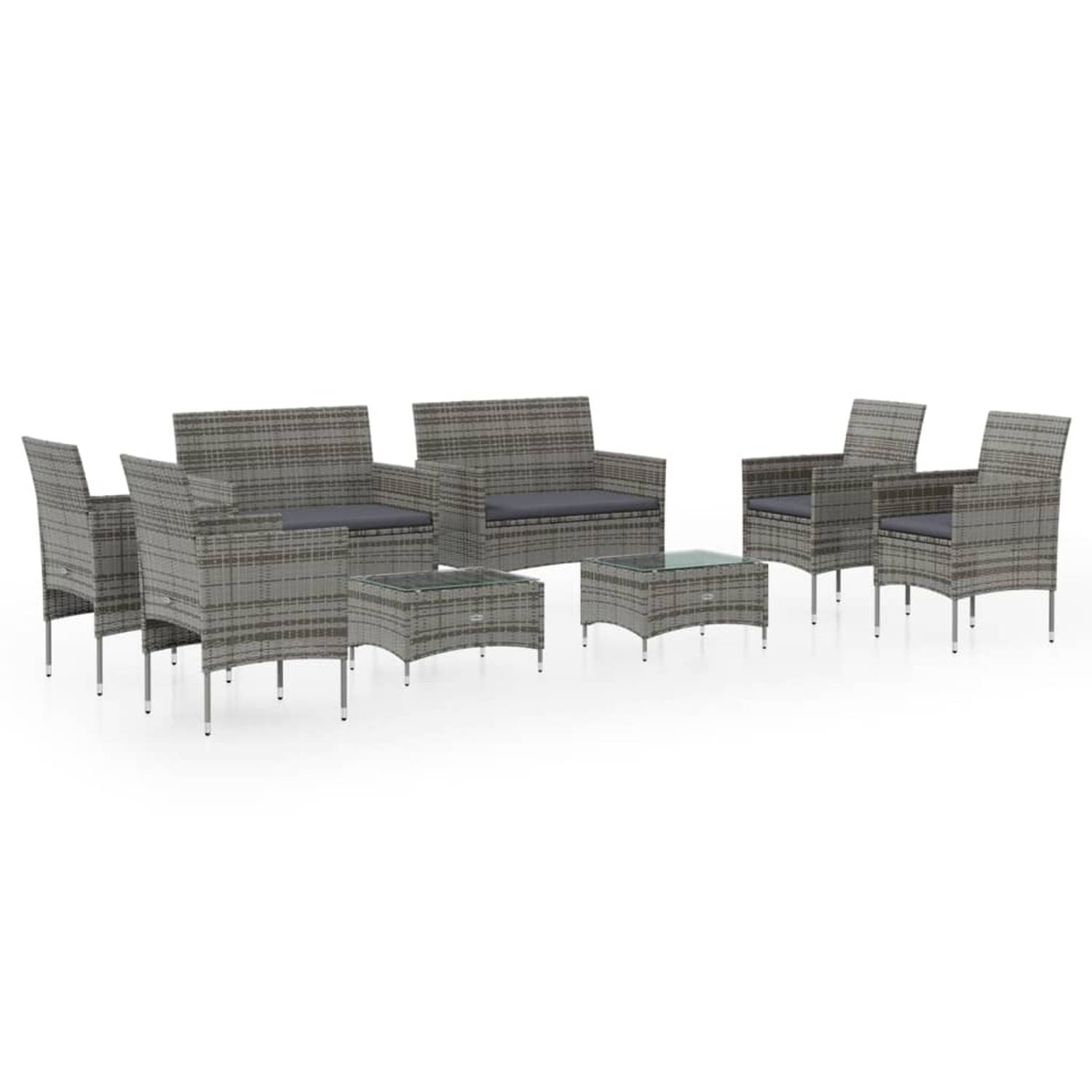 The Living Store 8-delige Loungeset met kussens poly rattan grijs - Tuinset