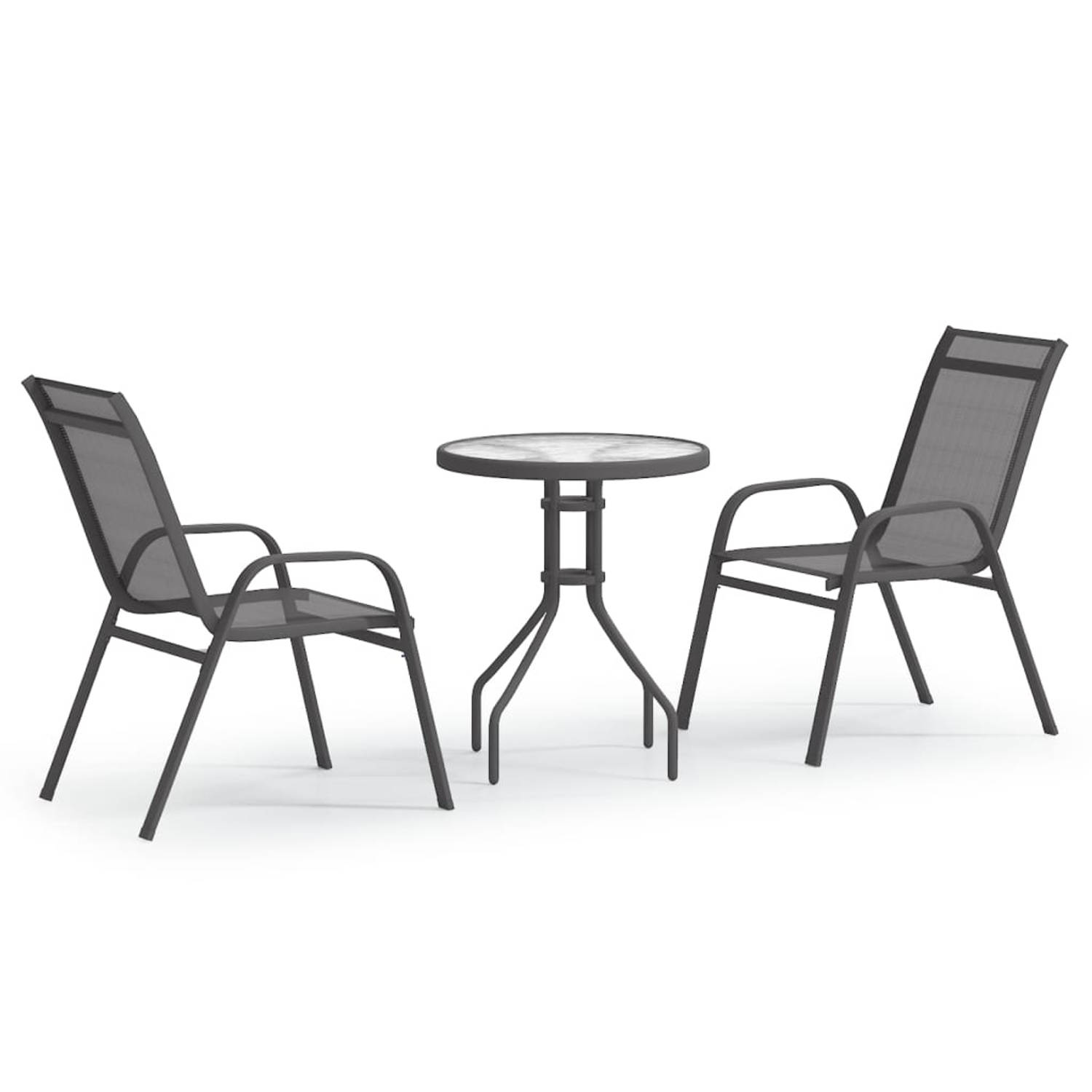 The Living Store Bistroset - Grijs - Staal/Gehard glas/Textileen - 60 x 70 cm tafel - 55 x 65 x 89 cm stoel