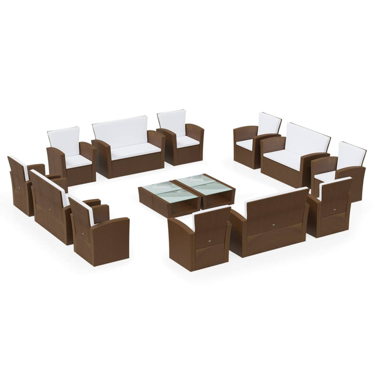 The Living Store Loungeset Poly Rattan - Bruin - 4x tafel - 4x 2-zitsbank - 8x armstoel - 12x zitkussen - 12x rugkussen