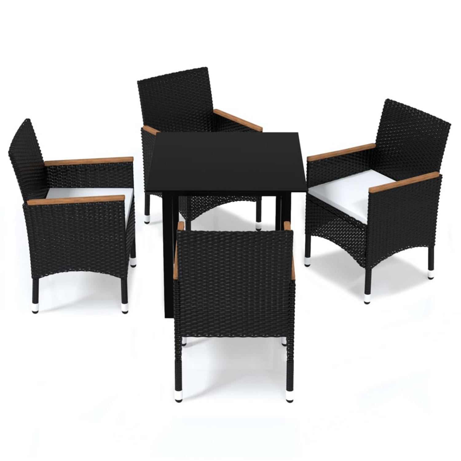 The Living Store Tuinset - Acacia PE-rattan - Glas Aluminium - 80x80x74 cm - Zwart/Crèmewit - 4 stoelen