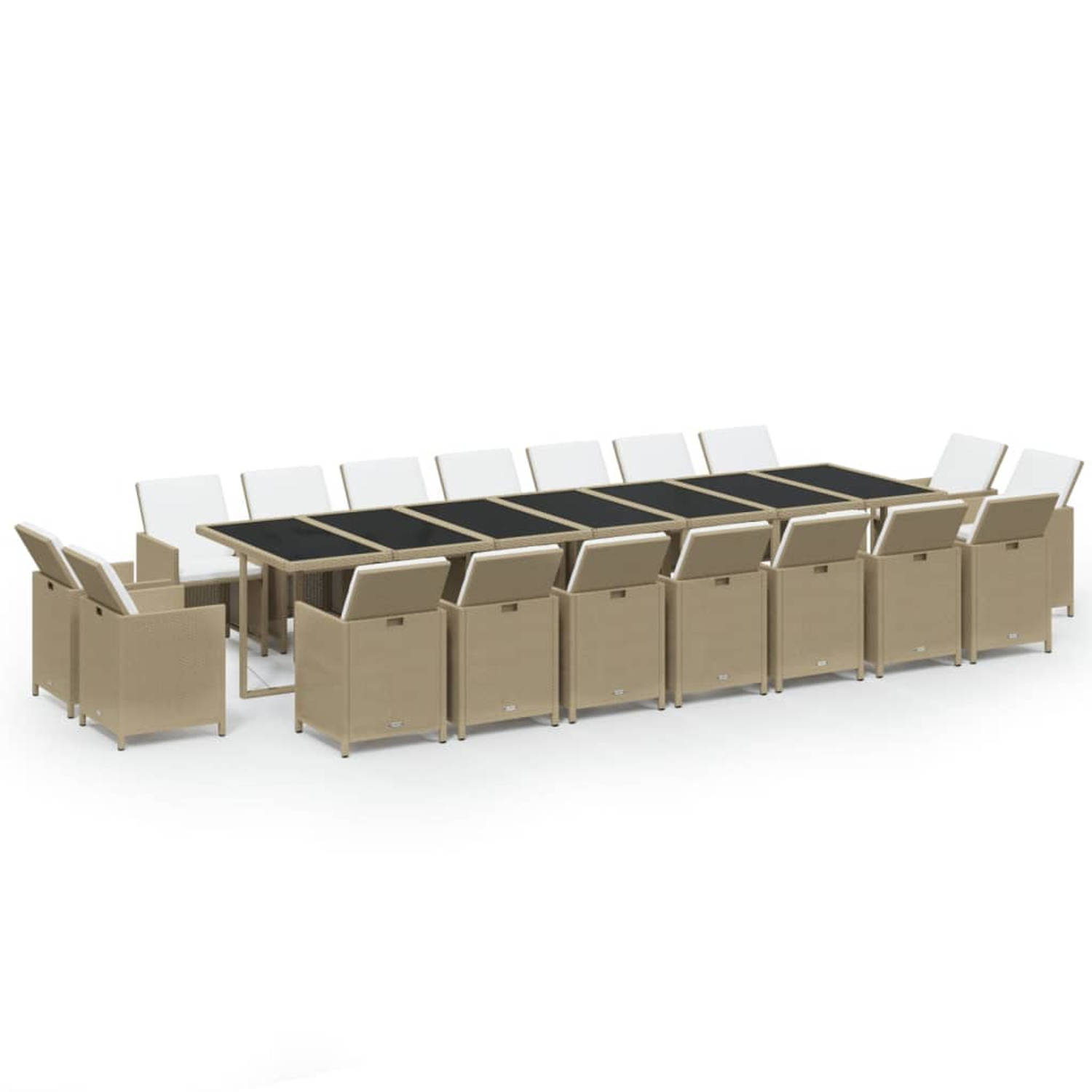 The Living Store Tuinset Poly Rattan - Beige/Zwart - 387x107x74 cm (LxBxH) - Inklapbare Rugleuning - Inclusief 18 Stoelen - Kussens