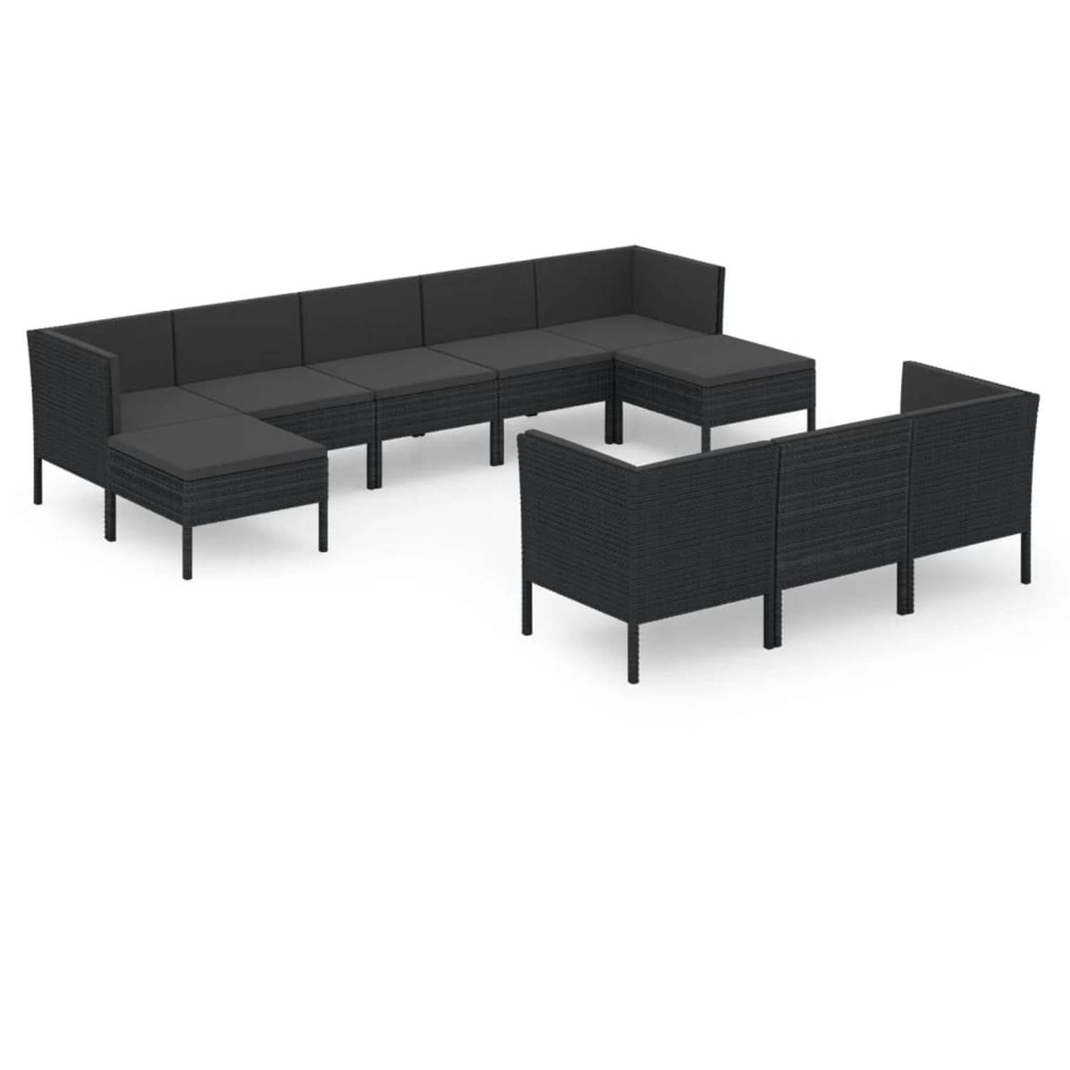 The Living Store 10-delige Loungeset met kussens poly rattan zwart - Tuinset