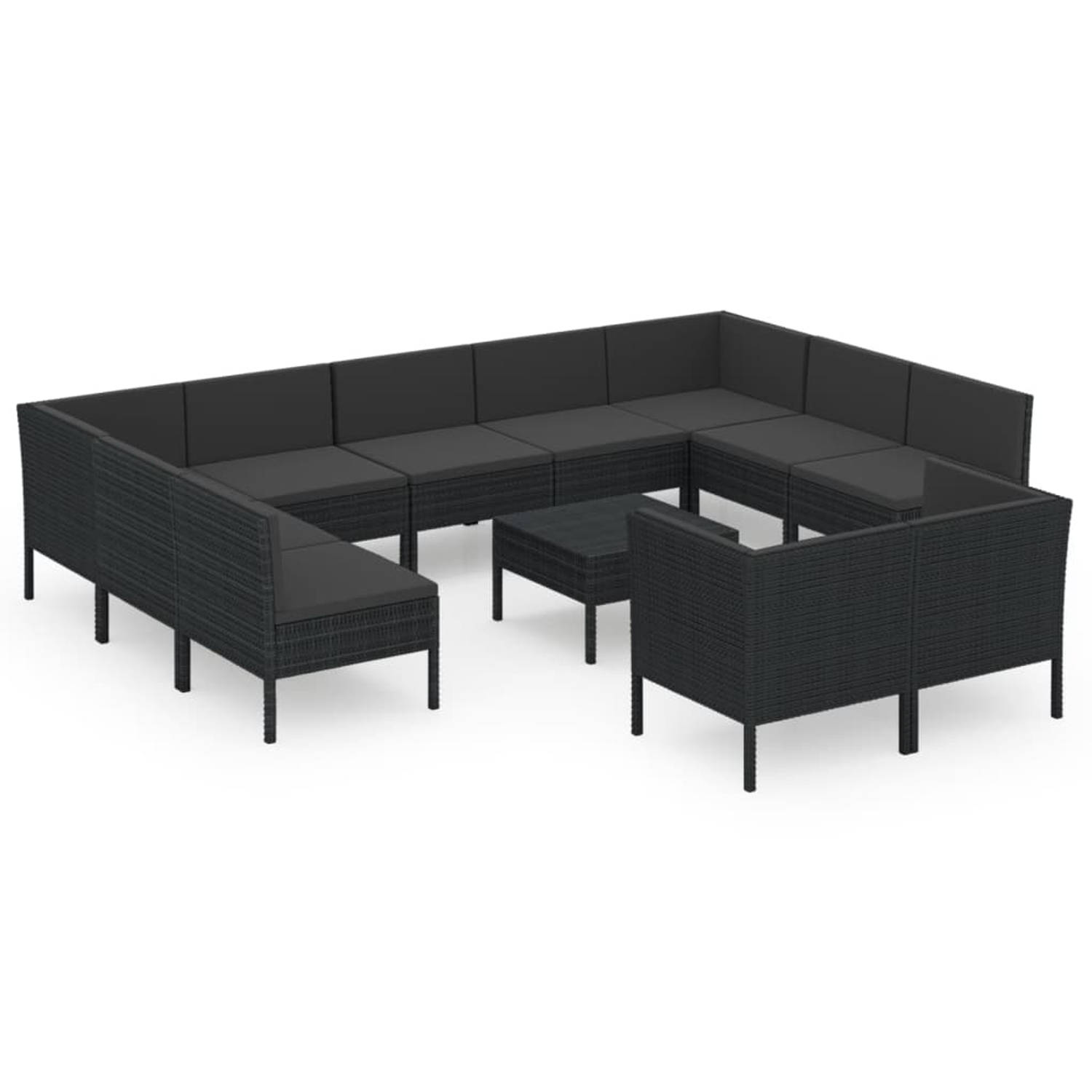 The Living Store 12-delige Loungeset met kussens poly rattan zwart - Tuinset