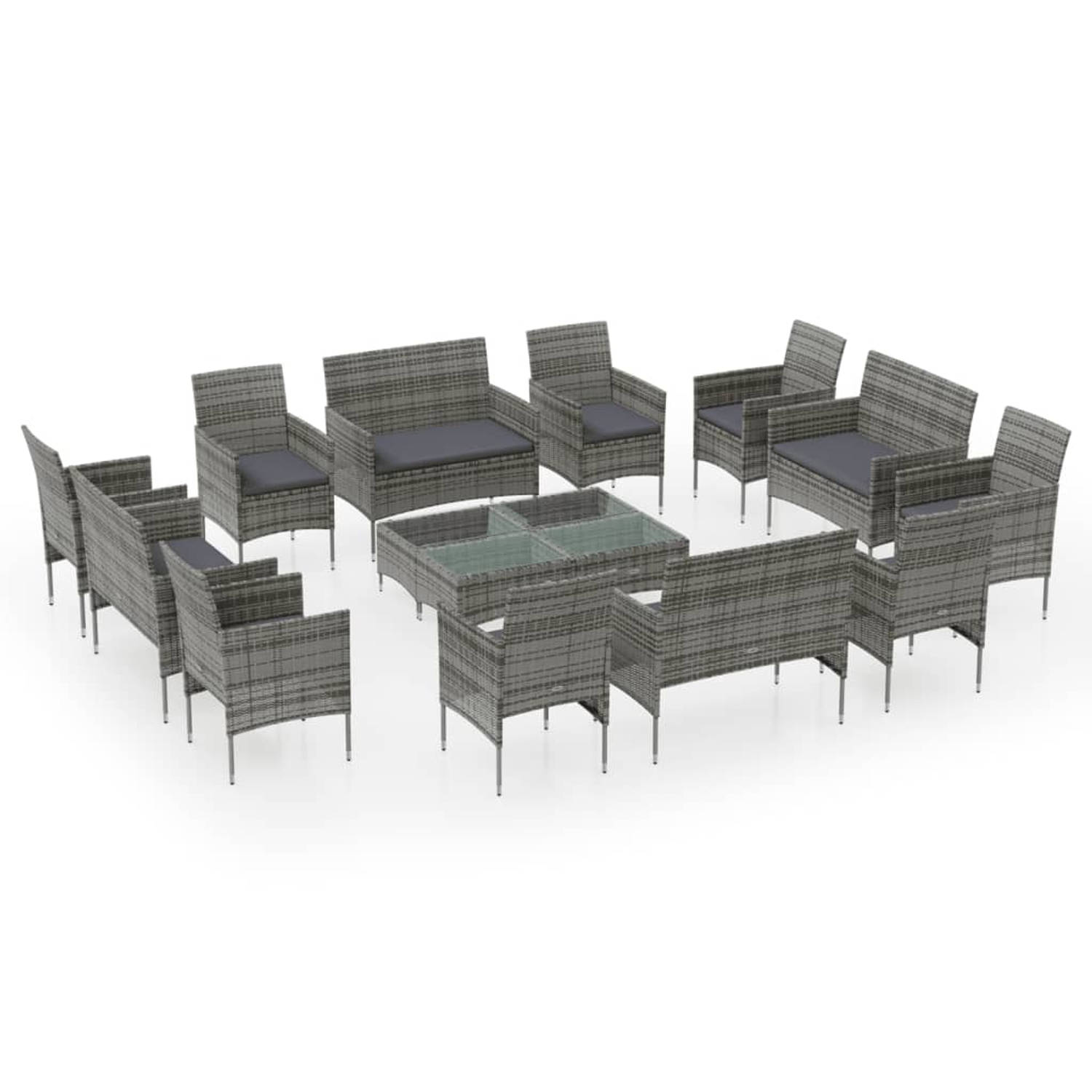 The Living Store 16-delige Loungeset met kussens poly rattan grijs - Tuinset