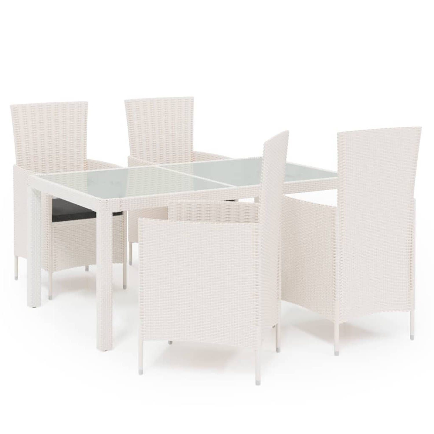 The Living Store Tuinset - Eettafel en 4 stoelen - Wit poly rattan - 150 x 90 x 75 cm - Zwart kussen