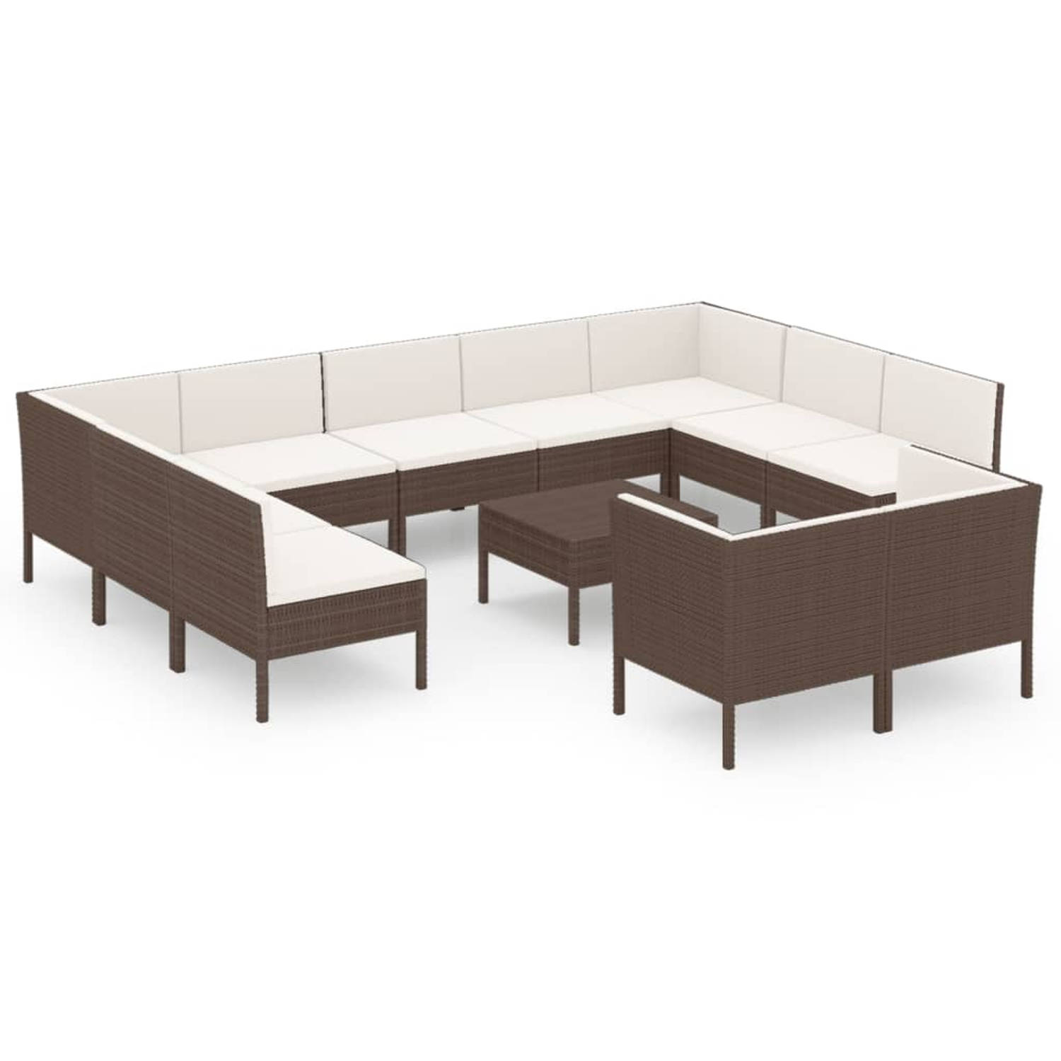 The Living Store Loungeset PE-rattan - bruin - inclusief 7 middenbanken - 4 hoekbanken - tafel en kussens