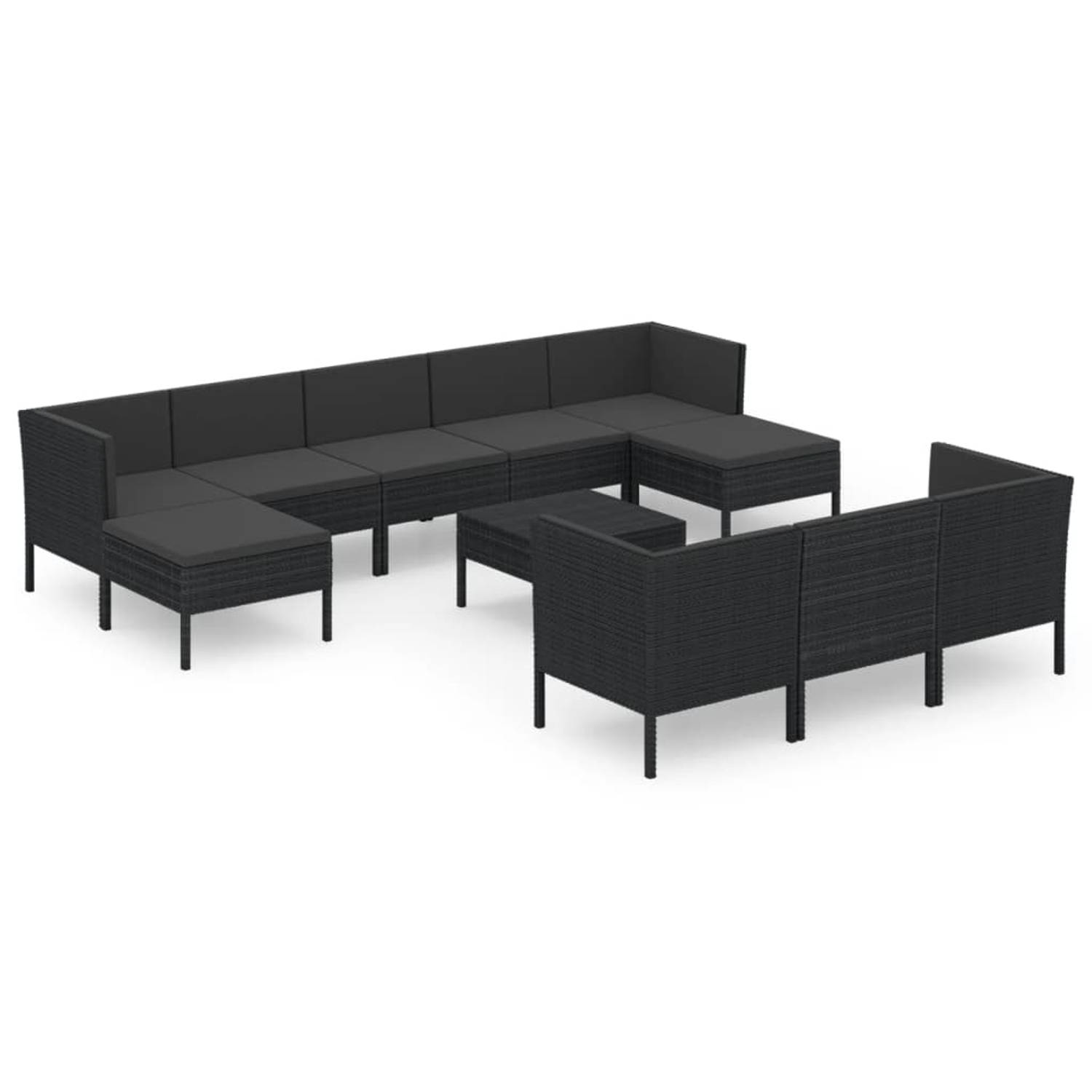 The Living Store 11-delige Loungeset met kussens poly rattan zwart - Tuinset