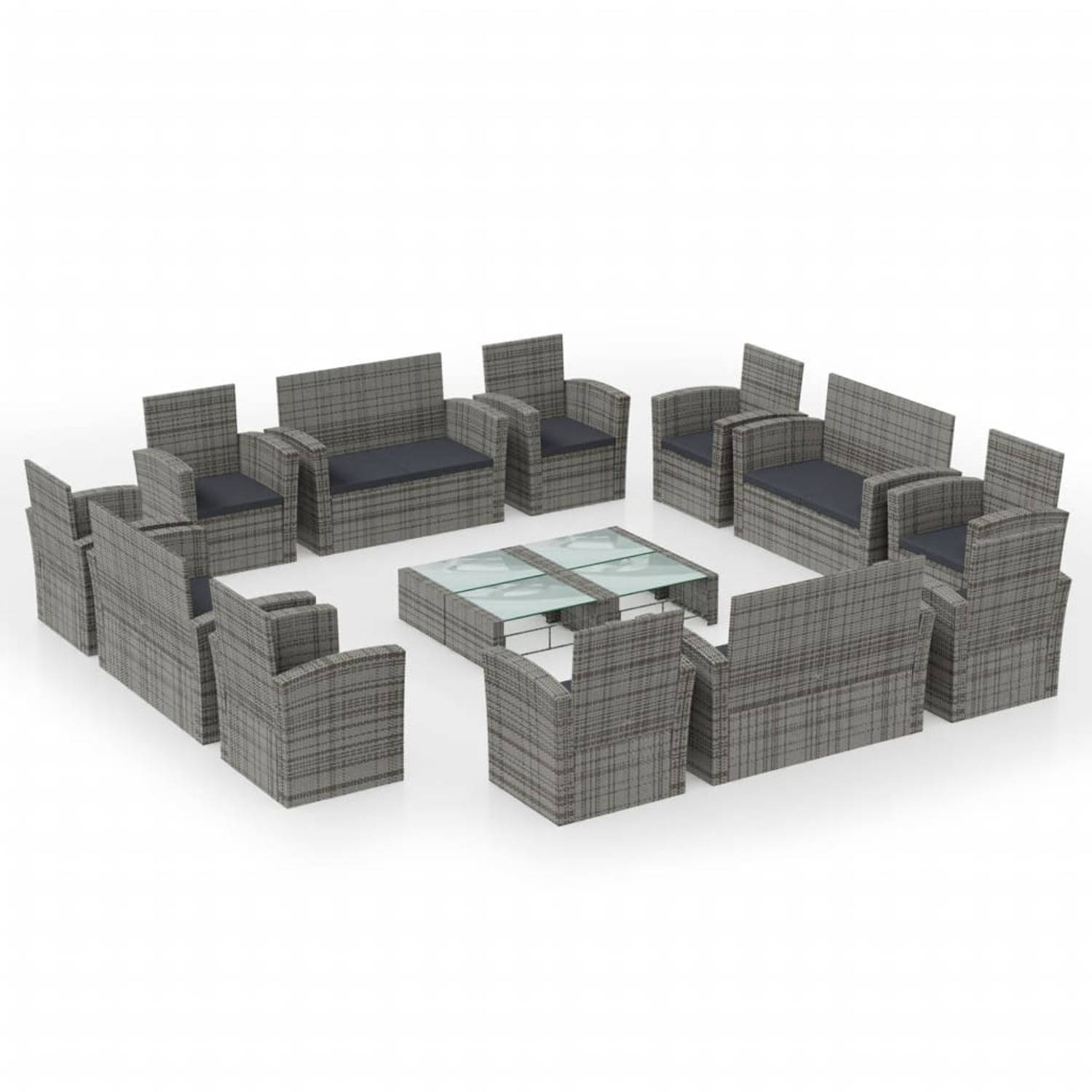 The Living Store Loungeset Poly Rattan - 4x 2-zitsbank - 8x armstoel - 4x tafel - Grijs - 6 cm dikke kussens - Montage vereist - Inclusief levering