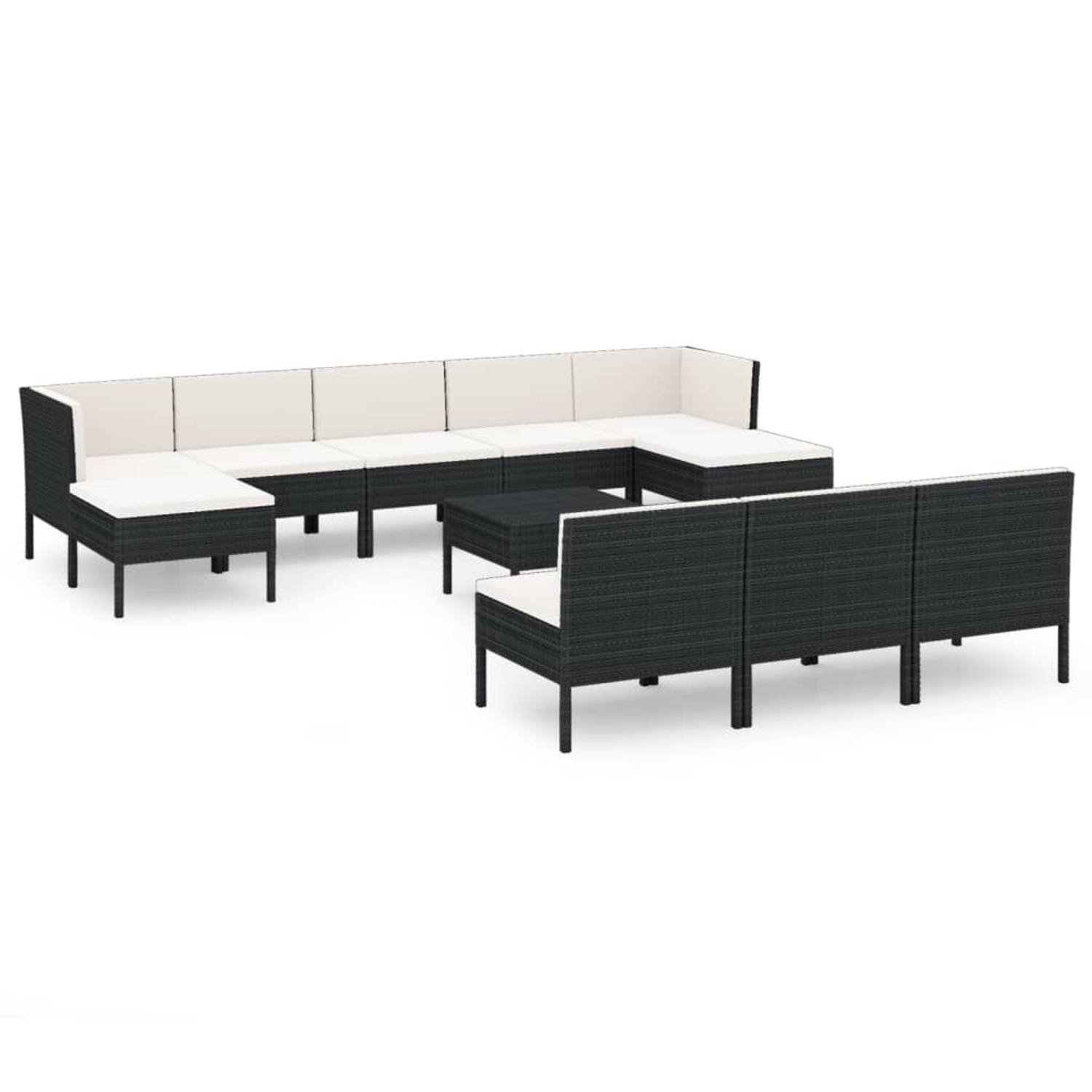 The Living Store 11-delige Loungeset met kussens poly rattan zwart - Tuinset