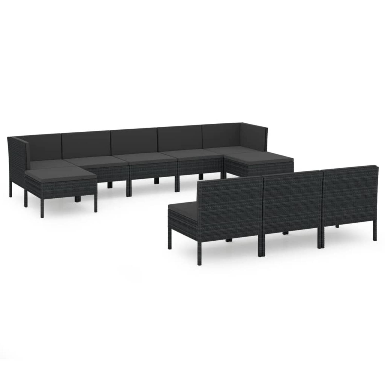 The Living Store Loungeset - PE-rattan - modulair - zwarte kussens - 6x middenbank - 2x hoekbank - 2x voetenbank - 10x zitkussen - 10x rugkussen