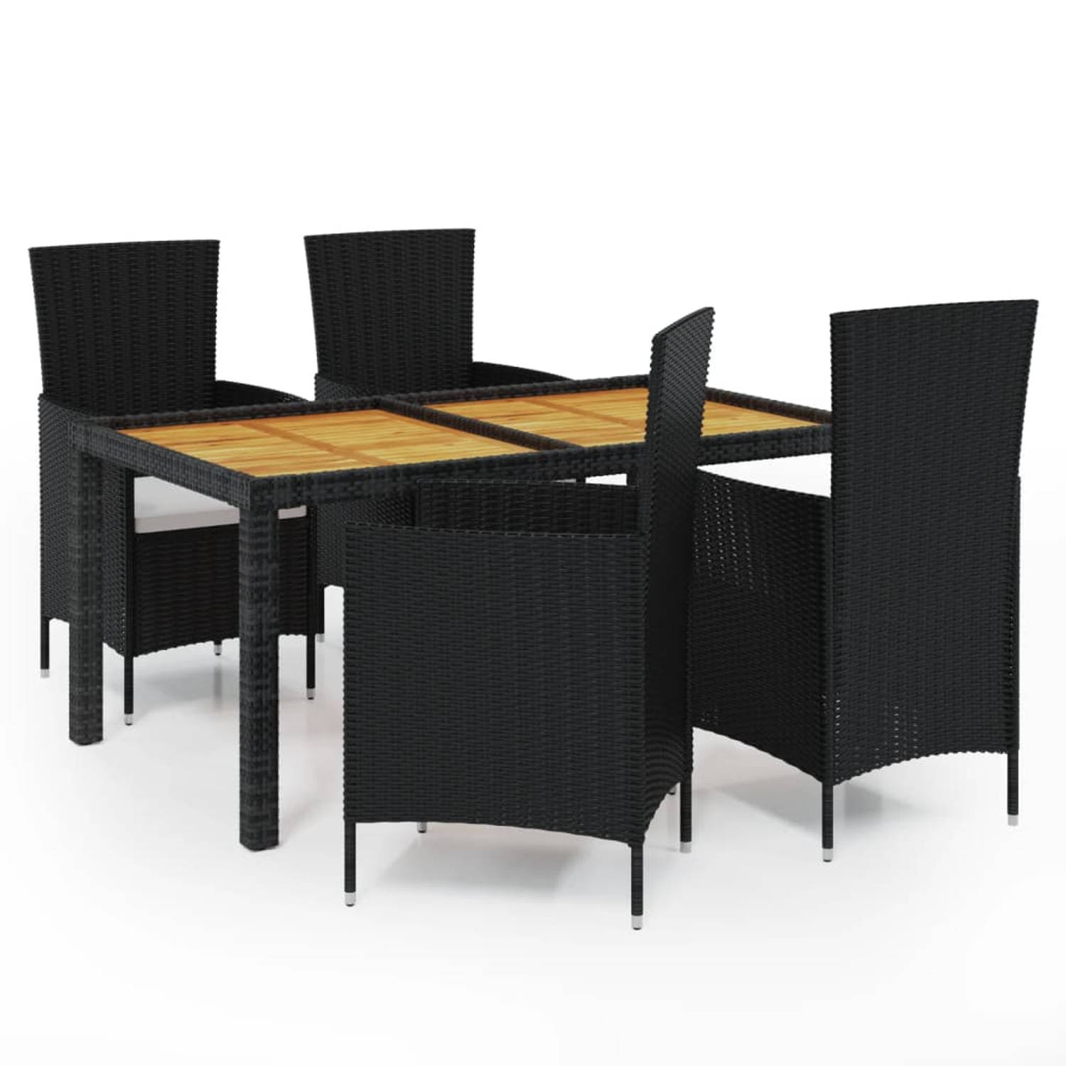 The Living Store Tuinset - poly rattan/gepoedercoat staal/acaciahout - 150x90x75 cm - zwart/bruin - 4 stoelen - tuinmeubelset