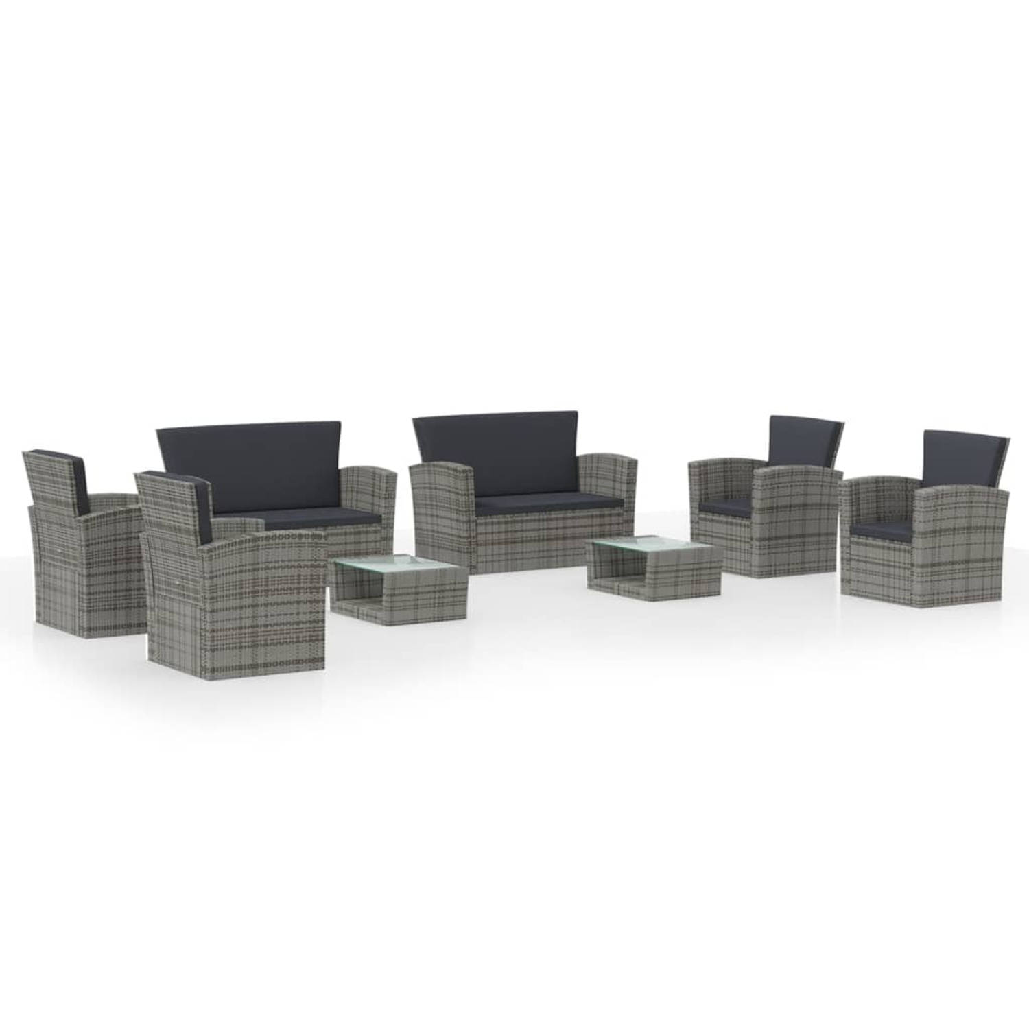 The Living Store Loungeset Poly Rattan - Grijs - 2 tafels - 2 tweezitsbanken - 4 armstoelen - 85x49.5x35 cm - Montage vereist