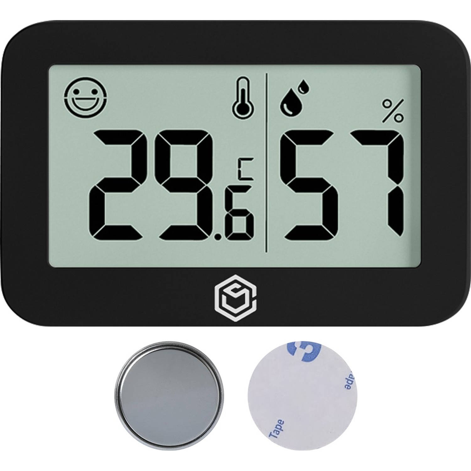 Ease Electronicz Hygrometer & Thermometer - Weerstation - Luchtvochtigheidsmeter - Thermometer Voor Binnen - Incl. Batterij en Plakstrip - Zwart