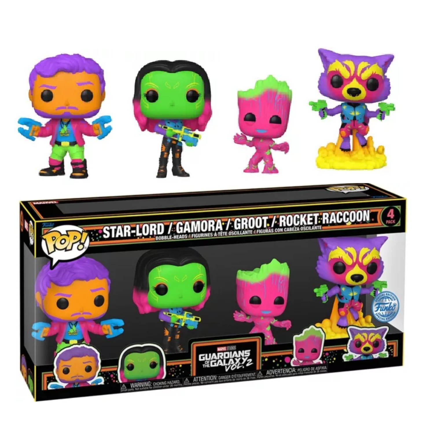 Funko POP! Marvel 4-pack Star LordGamora Groot Rocket Rackoon Blacklight