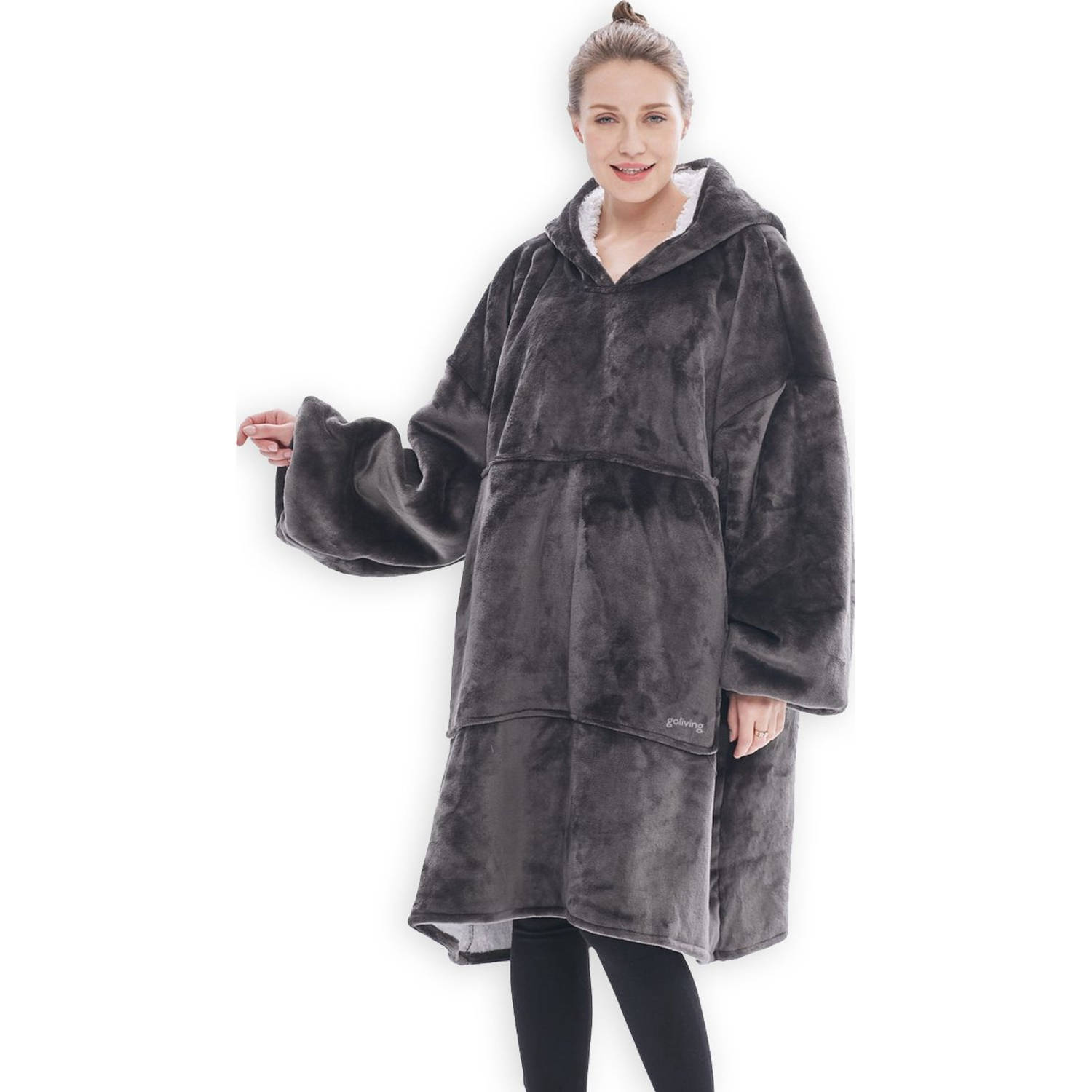 Goliving fleece deken met mouwen Hoodie deken Plaid hoodie Volwassenen Fleece cape 1000G Donker grij