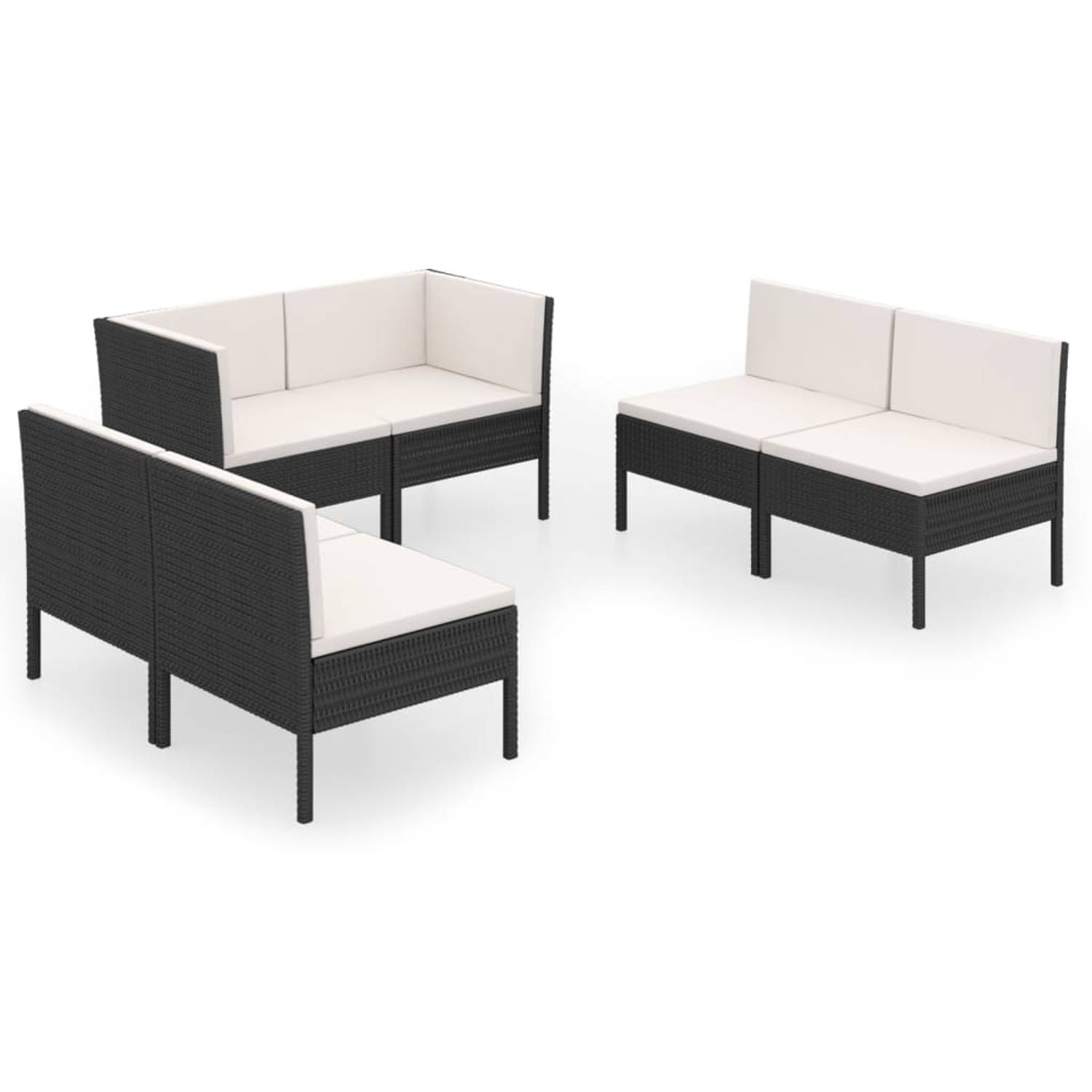 The Living Store Loungeset - PE-rattan - 4x middenbank - 2x hoekbank - Zwart - 57x69x69 cm - Inclusief kussens