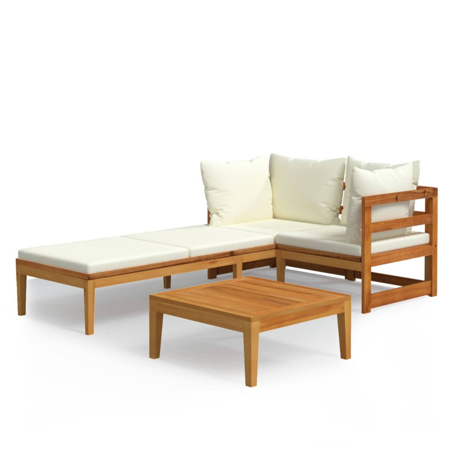 The Living Store Houten Tuinmeubelset - Acacia - Hoekbank - Tafel - Ligbed - Crèmewit Kussen - 202 x 66 x 60 cm