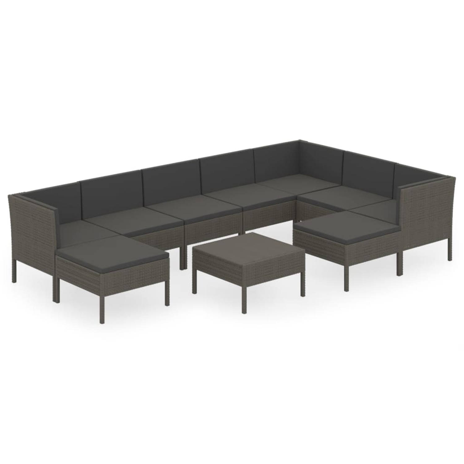 The Living Store 10-delige Loungeset met kussens poly rattan grijs - Tuinset