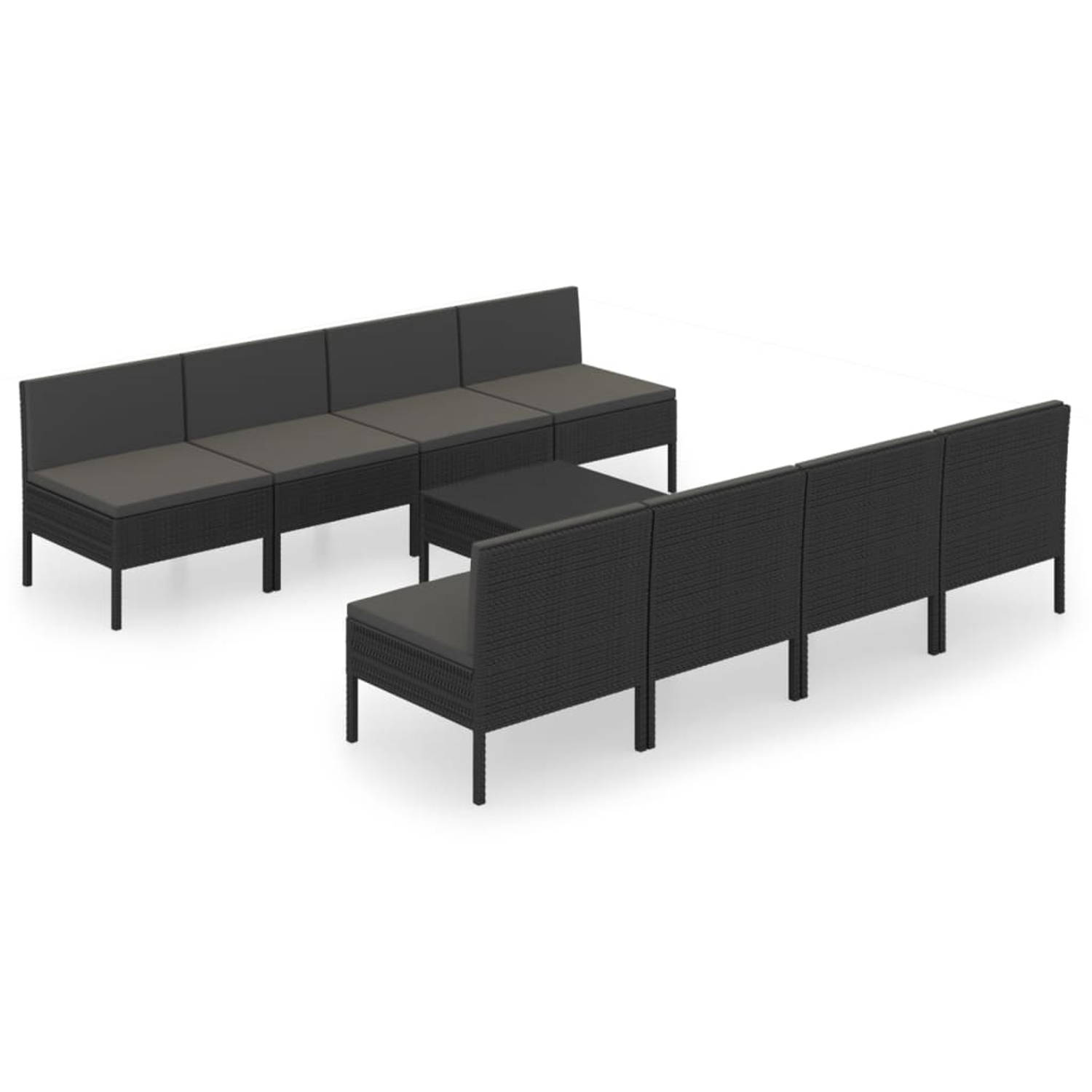 The Living Store Loungeset Modulair - Tuinmeubelset - PE-rattan - staal - Zwart - 8x middenbank - 1x voetensteun/tafel