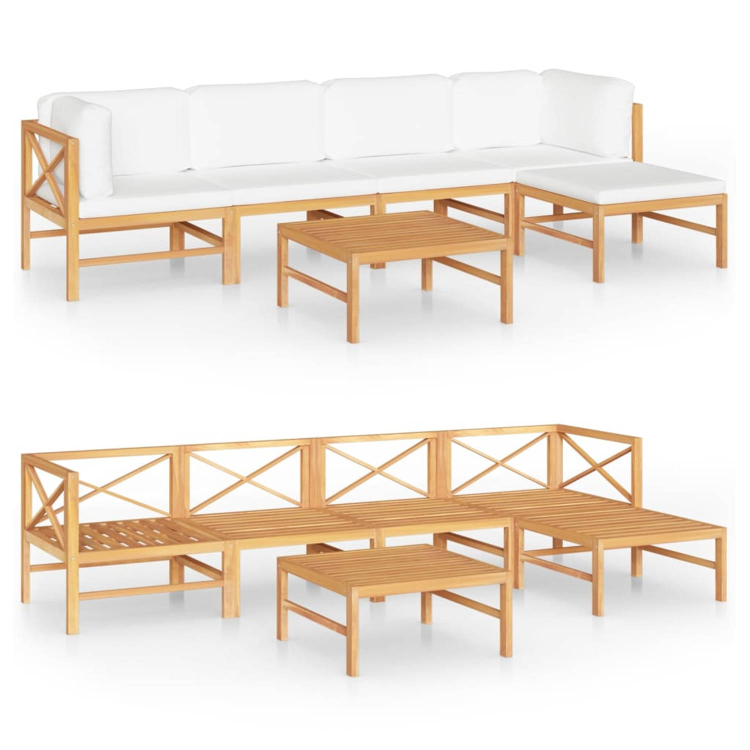 The Living Store Teak Tuinset - Hoekbank - Middenbank - Tafel - Voetenbank - Crèmekleurig - 66x66x60cm - 63x63x30cm - 62.5x62.5x30cm