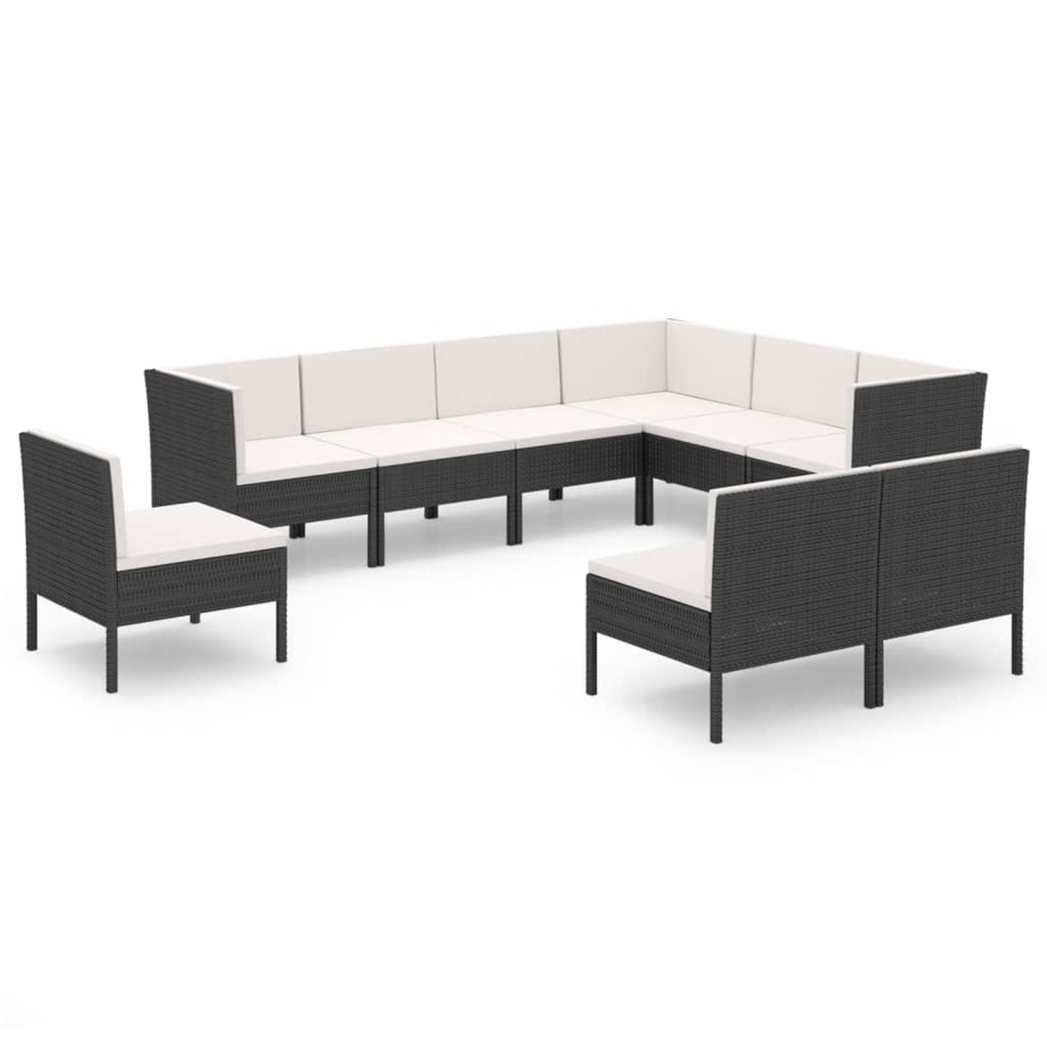 The Living Store 9-delige Loungeset met kussens poly rattan zwart - Tuinset