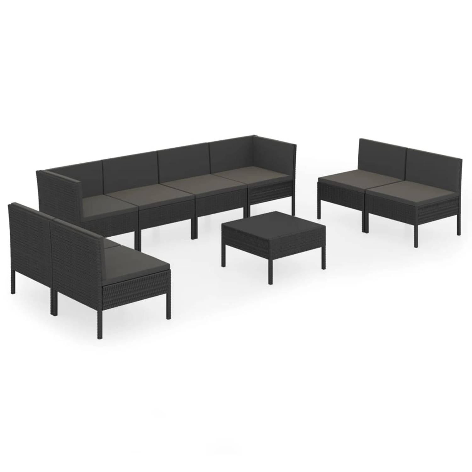 The Living Store 9-delige Loungeset met kussens poly rattan zwart - Tuinset