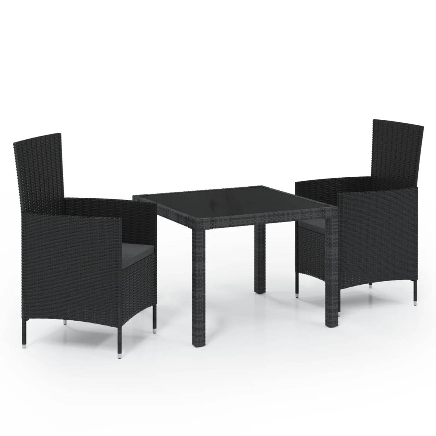 The Living Store Eethoek Rattan - 90x90x75 cm - Zwart - Tafel en stoelen met stalen frame - Inclusief kussens