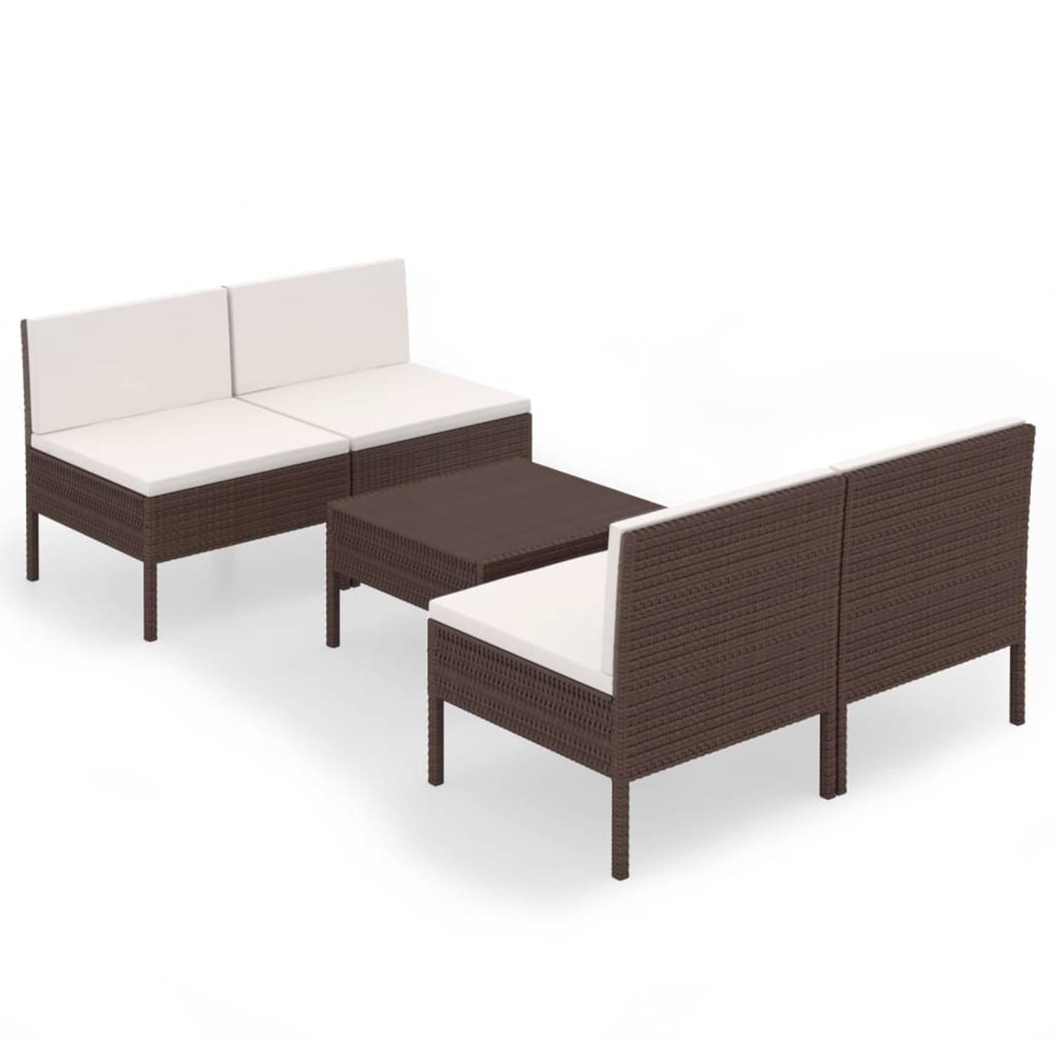 The Living Store Lounge Set - PE-rattan - Modulair - Bruin - 60x60x35 cm - Waterbestendige hoes - 1 tafel - 4 middenbanken - 4 kussens