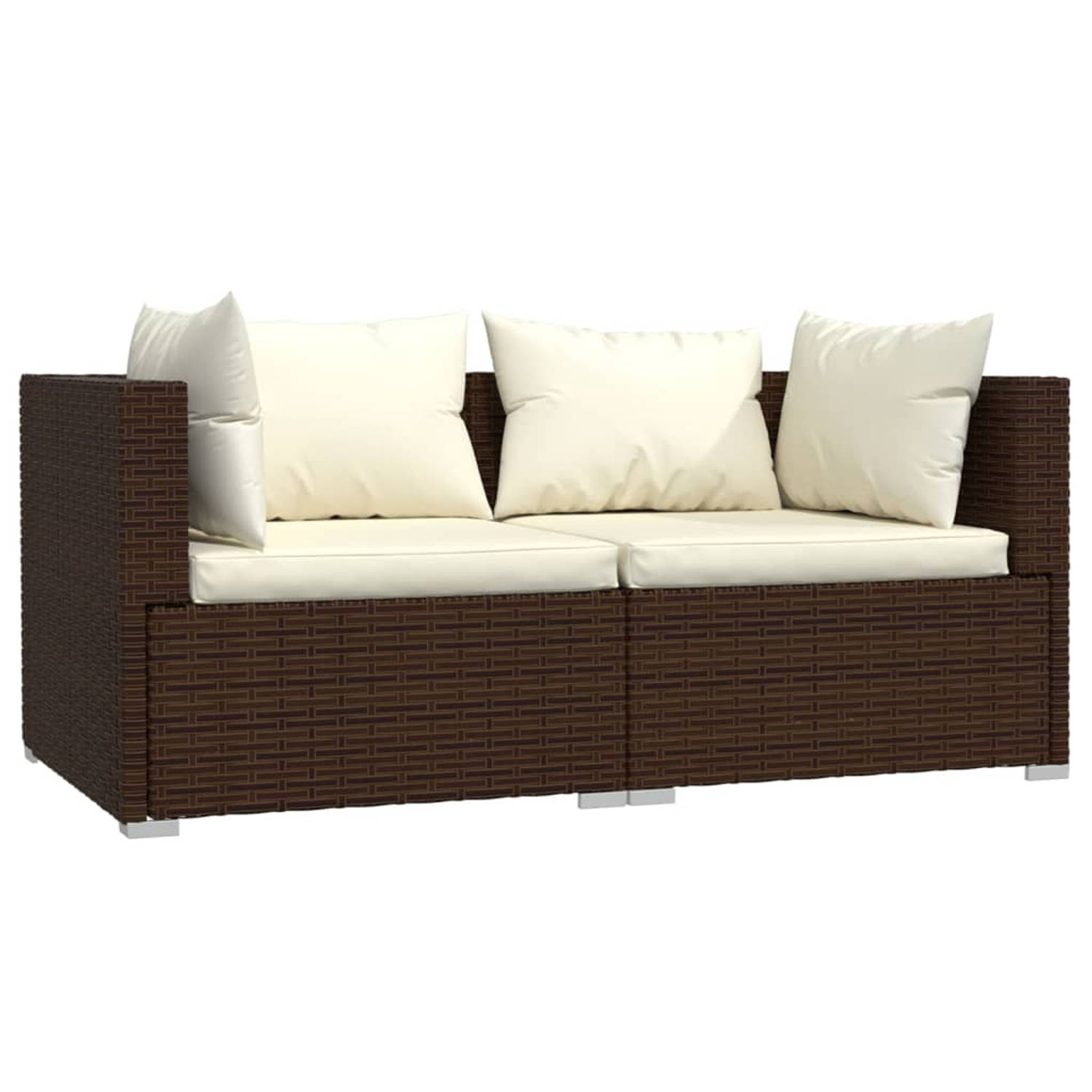 The Living Store hoekbank bruin PE-rattan - 140 x 70 x 60.5 cm - waterdicht - incl - kussens - montage vereist - 2 x hoekbank - 2 x zitkussen - 2 x groot rugkussen - 2 x klein rugk