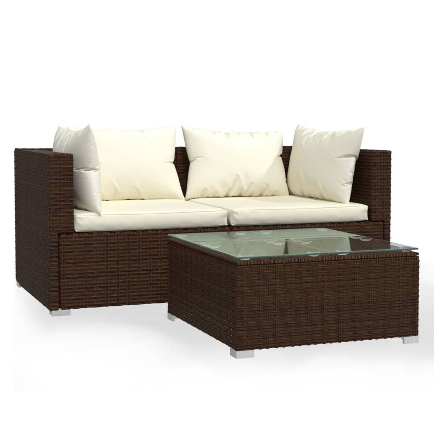 The Living Store 3-delige Loungeset met kussens poly rattan bruin - Tuinset