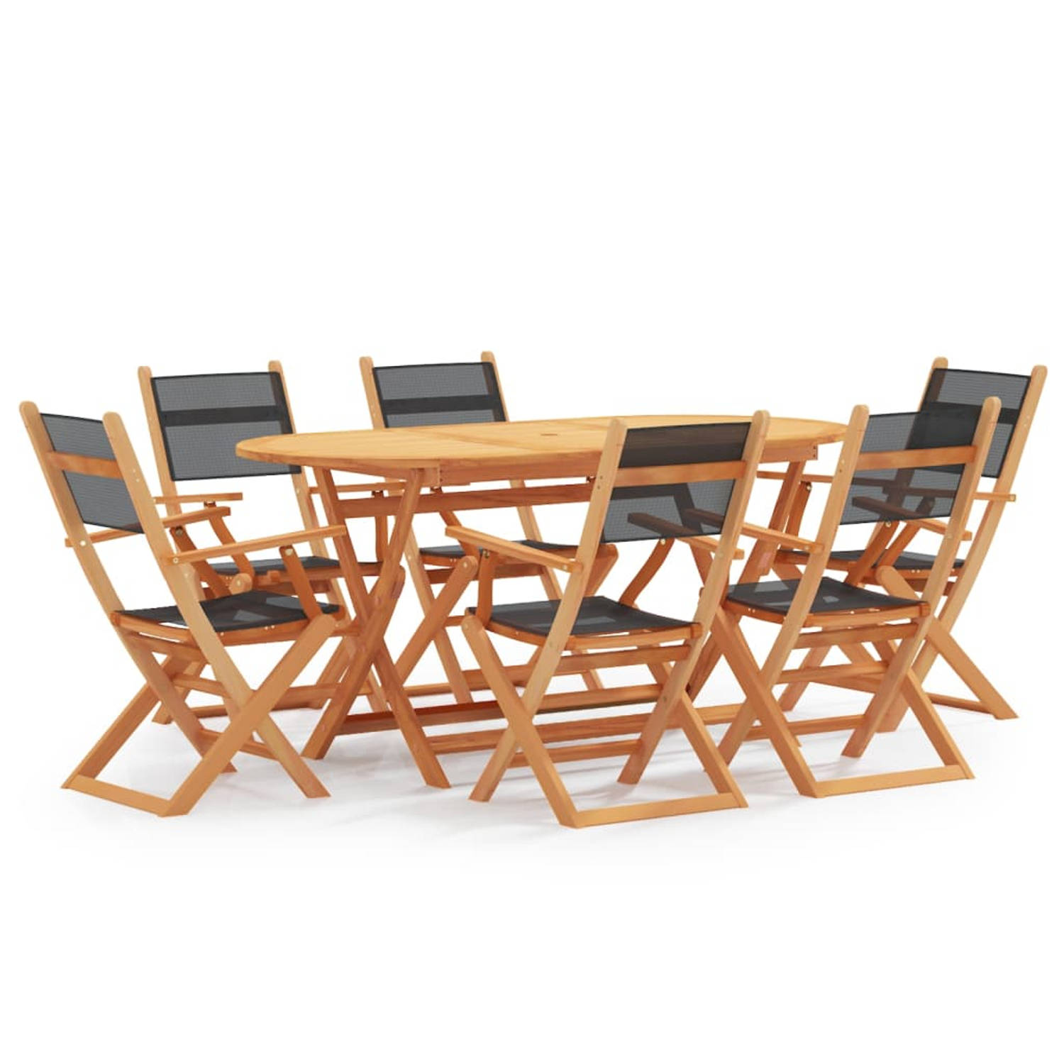 The Living Store Tuinset - Eucalyptushout - Inklapbaar - Textileen - Zwart - 160x85x75cm - 6 stoelen