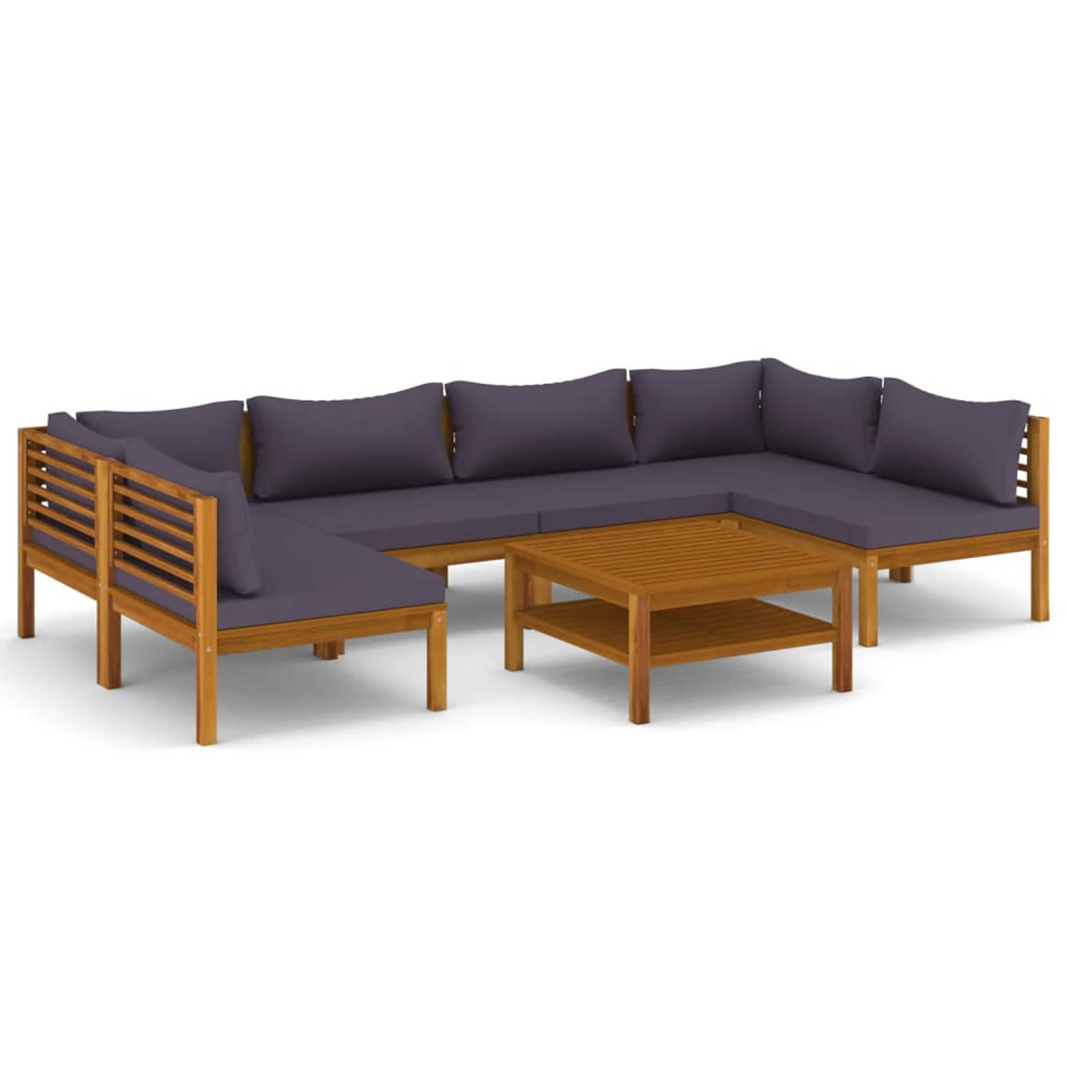 The Living Store Loungeset Acaciahout - Donkergrijs kussen - Tafel- 65 x 65 x 35 cm - Hoekbank- 69 x 69 x 62.5 cm - Middenbank- 65 x 69 x 62.5 cm