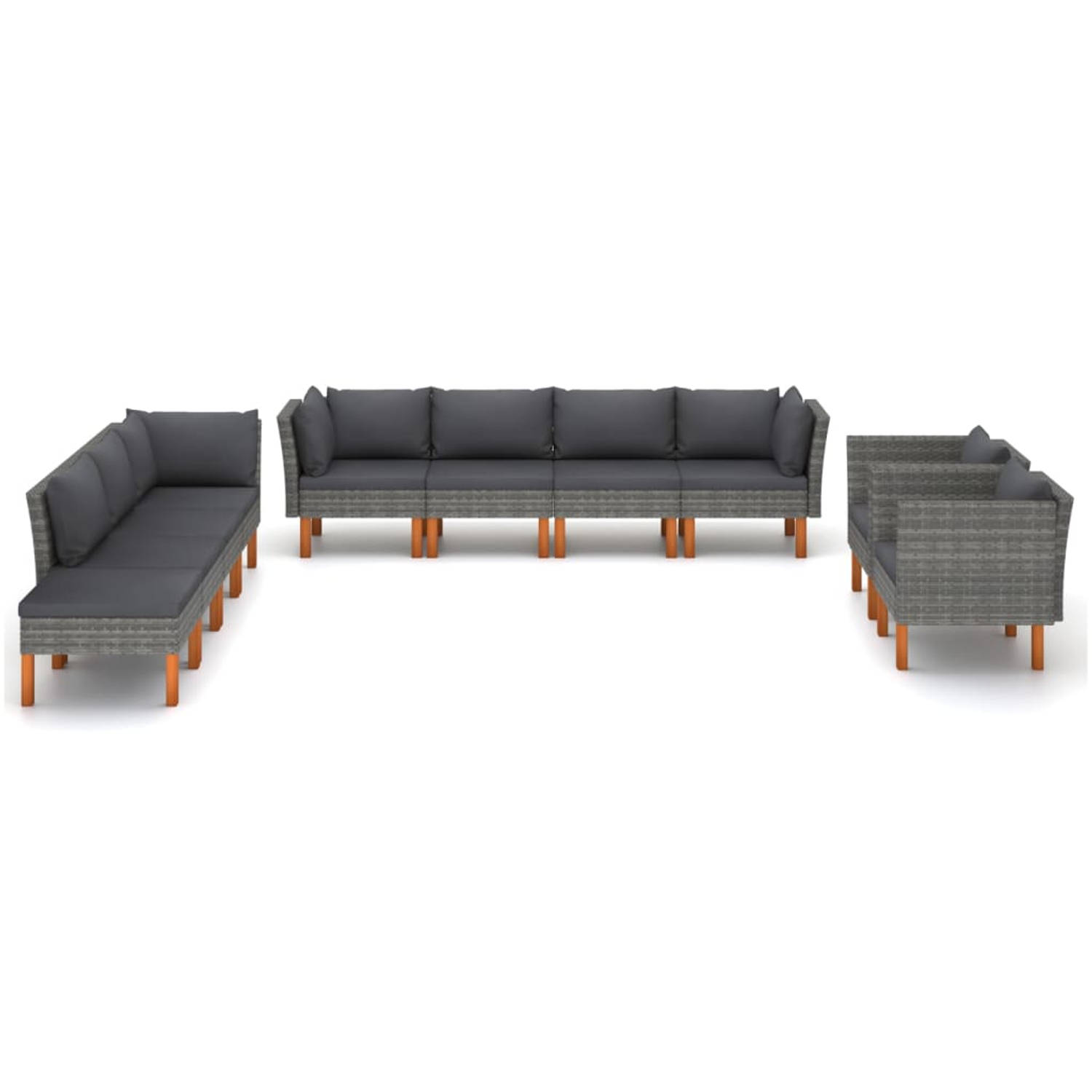 The Living Store 10-delige Loungeset poly rattan en eucalyptushout grijs - Tuinset