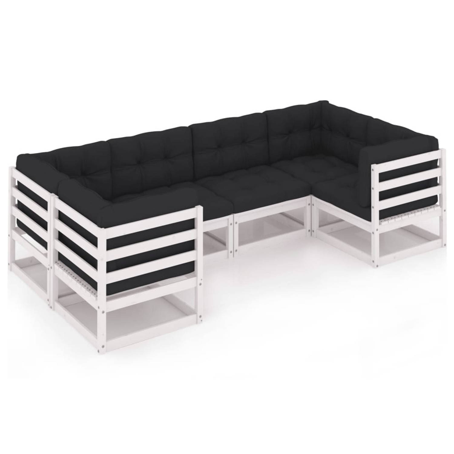 The Living Store Grenenhouten Loungeset - Hoekbank 70x70x67 cm - Wit met Antraciet Kussens