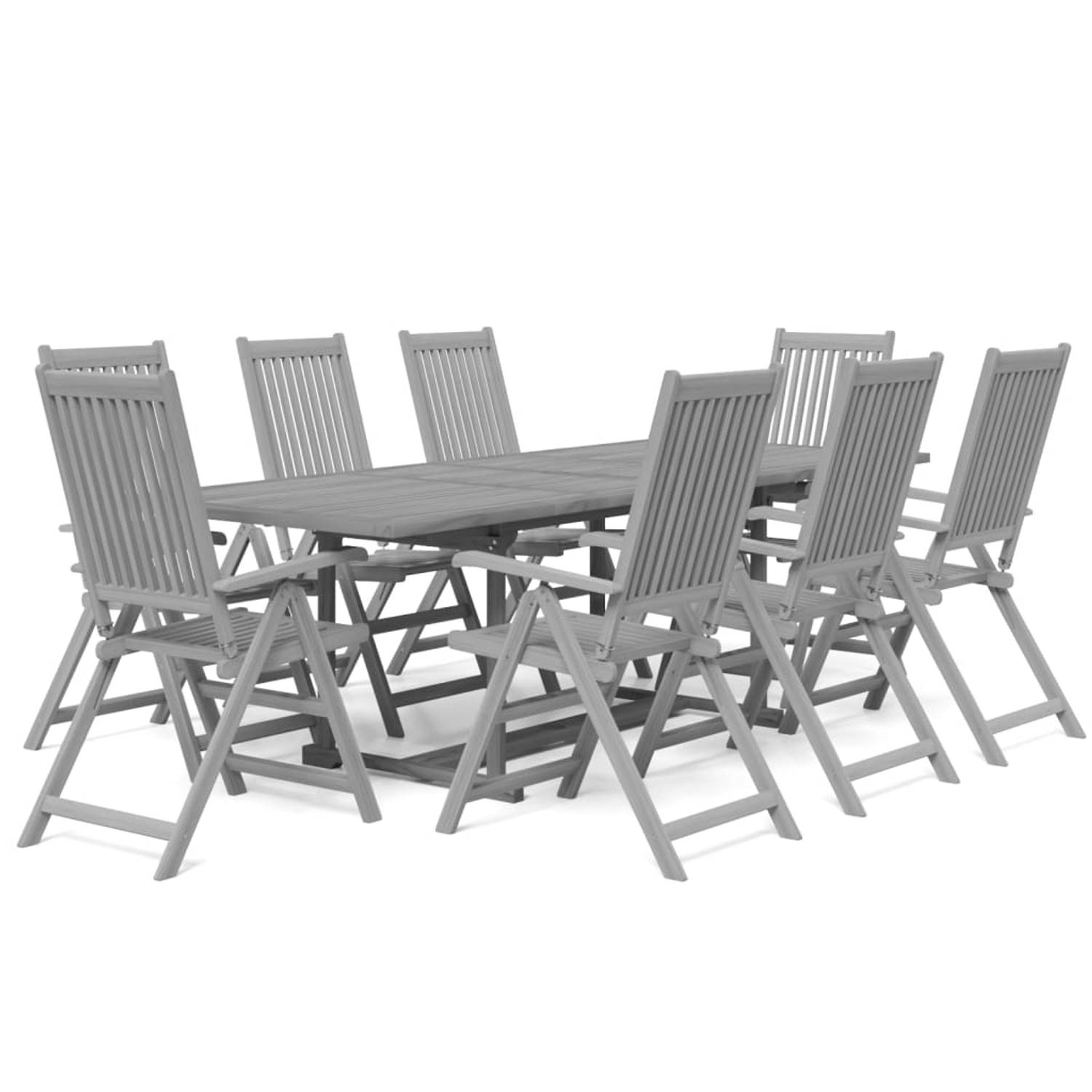 The Living Store Tuinmeubelset Acaciahout Uitschuifbare tafel Verstelbare inklapbare stoel Grijs -